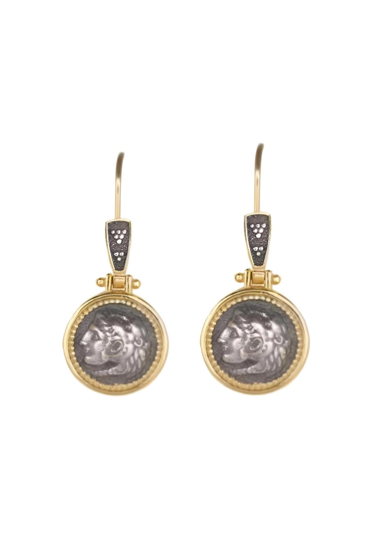 Hercules Coin Dangle Earrings, Silver Gold Plated, Greek Mythology
