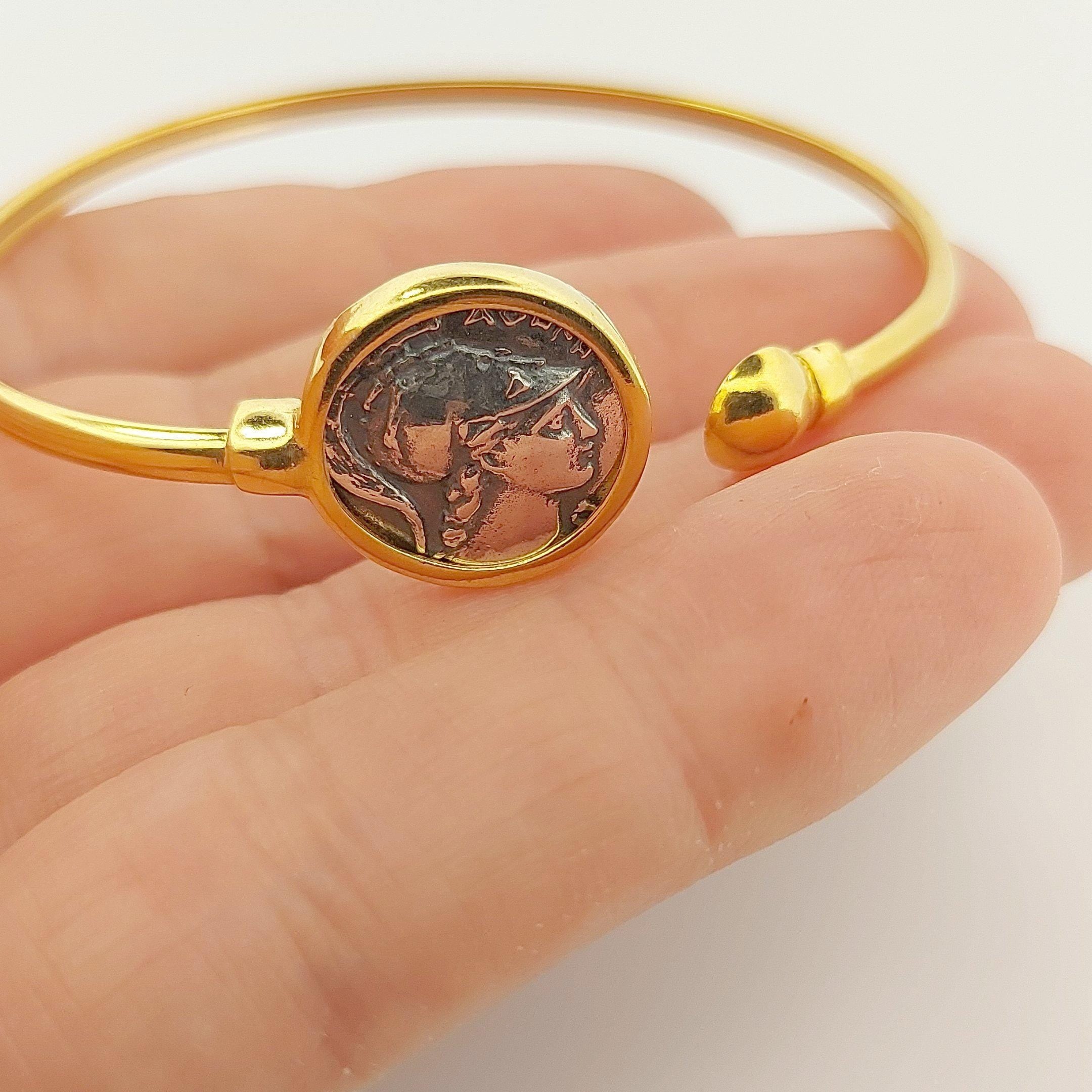 Gold Plated Athena Bangle Bracelet: Ancient Greek Coin Medallion