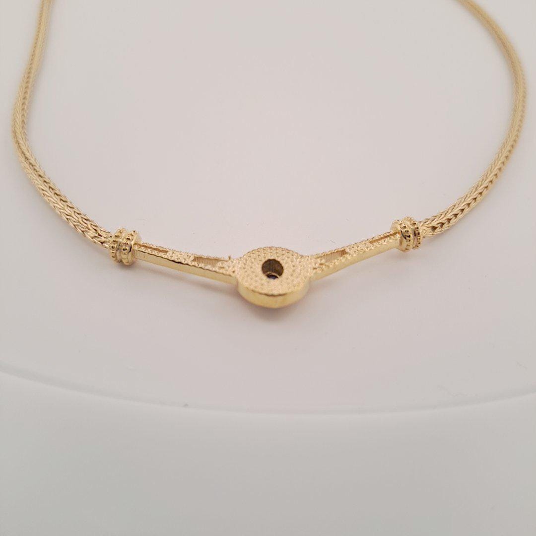 Gold Plated Byzantine Necklace – Blue Oval Gemstone Woven Chain, Antique Inspired Jewelry