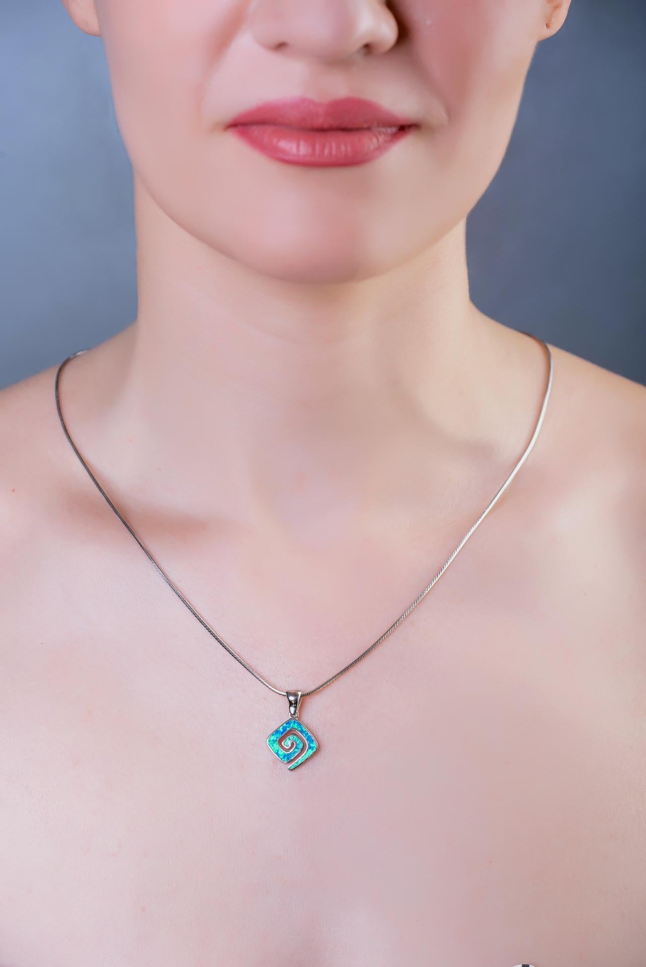 Blue Opal Greek Key Pendant: Sterling Silver Meander Necklace