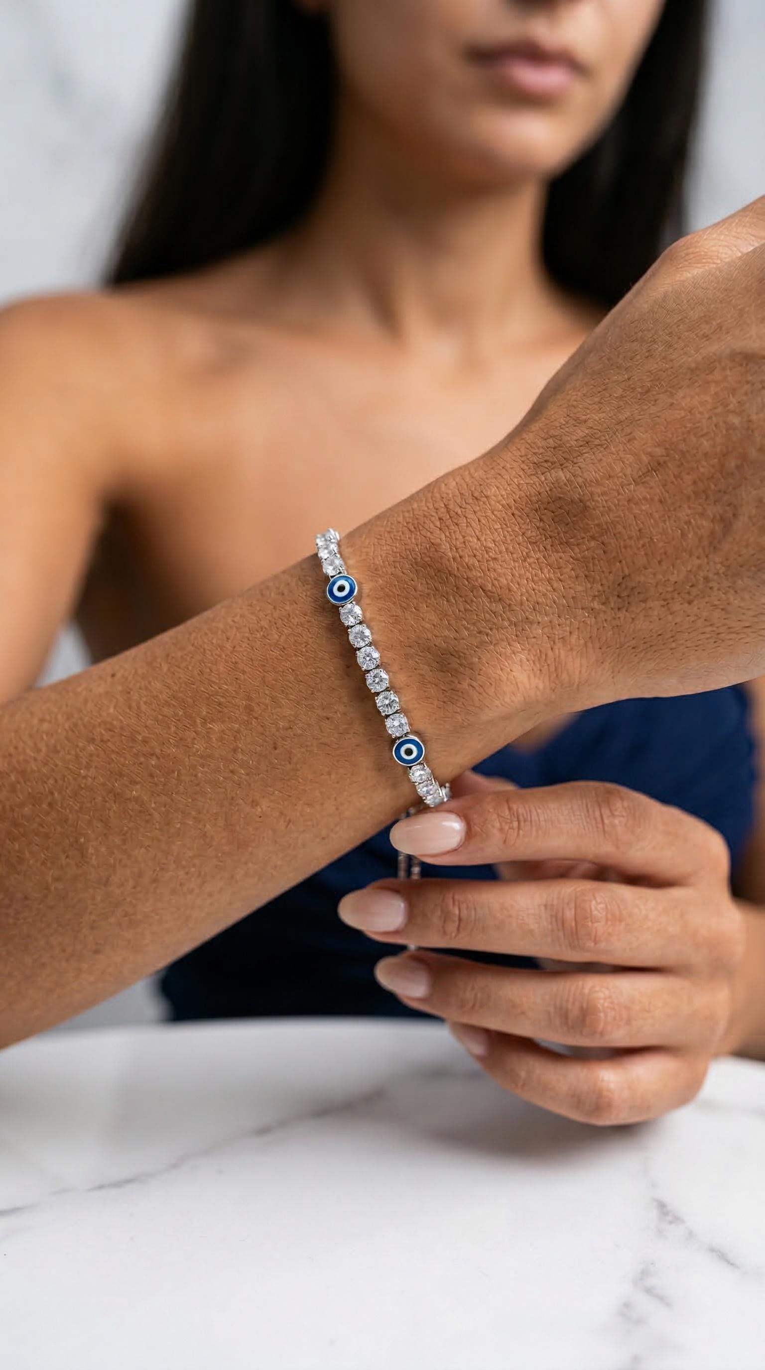 Silver Evil Eye Bracelet – Adjustable Charm Bangle with Zirconia Stones & Sliding Clasp