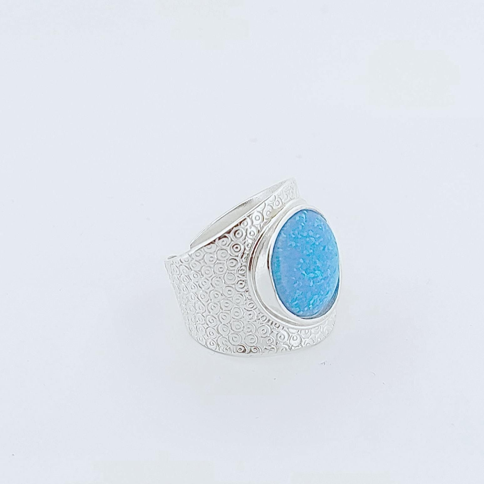 Handcrafted Silver Statement Ring with Blue Opal Stone, Greek-Inspired Textured Design