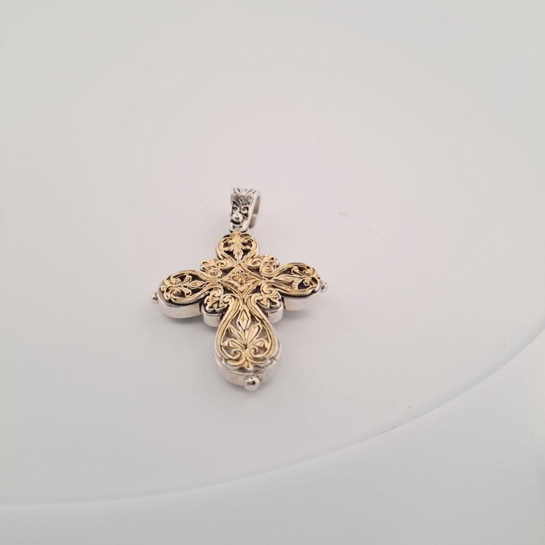Silver Cross Pendant Byzantine Cross Jewelry – Ruby Center Pendant, Ornate Relief Design