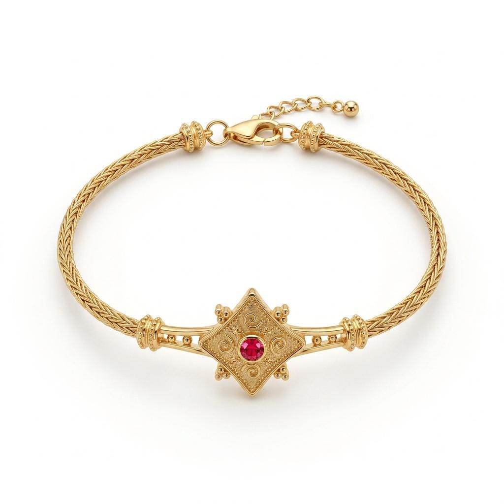Gold Plated Bracelet - Sterling Silver Byzantine Style Woven Chain with Red Gemstone