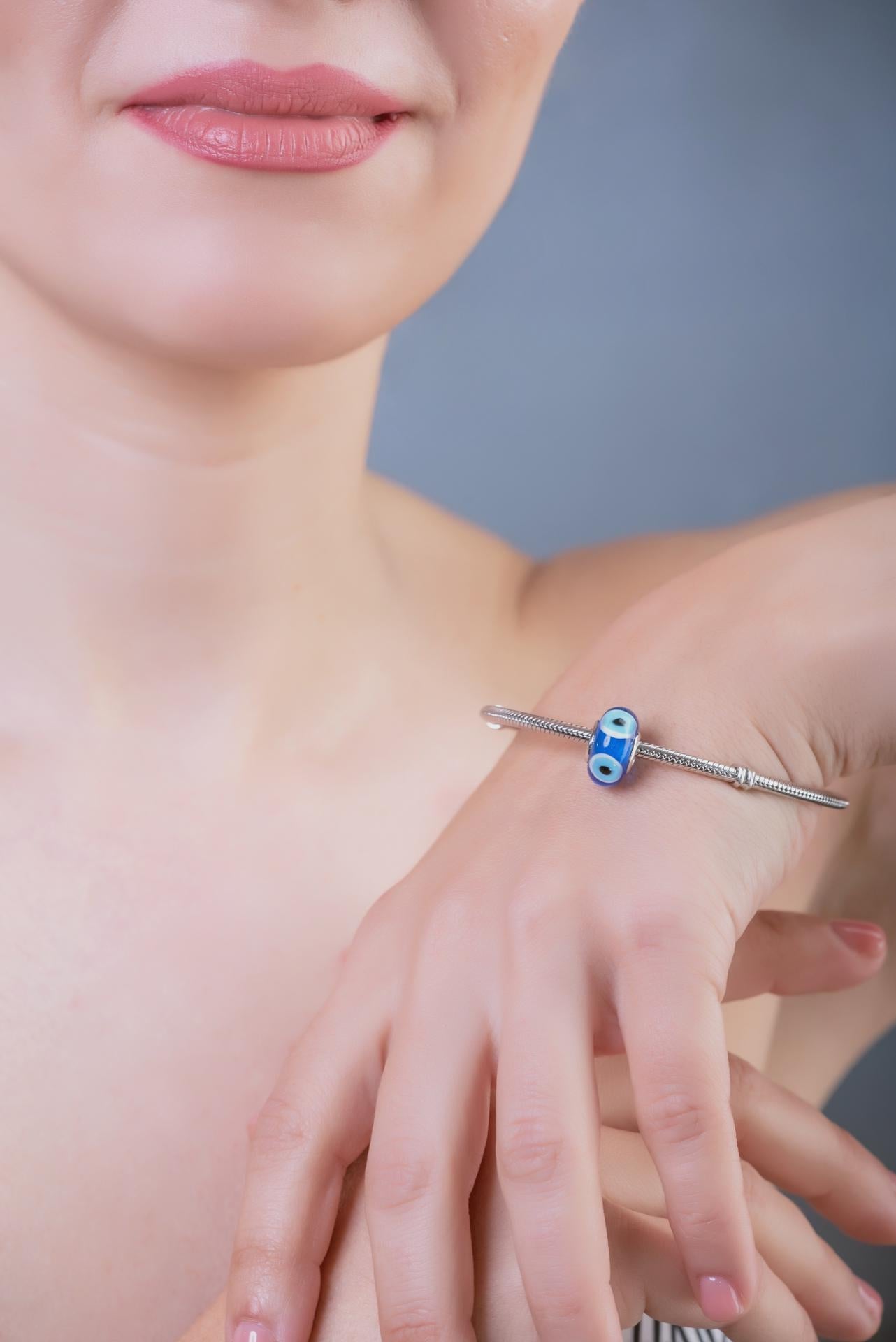 Evil Eye Charm Bead: Blue Enamel, Sterling Silver, Fits Pandora Bracelets