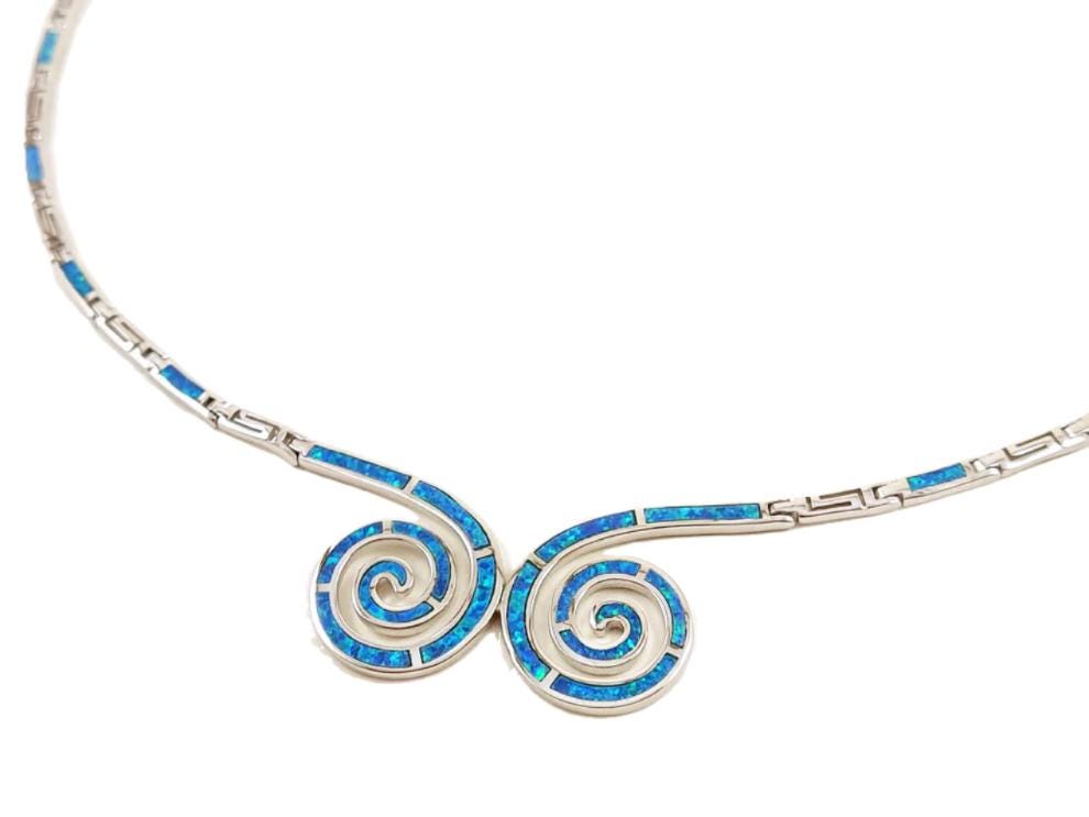 Blue Opal Double Spiral Necklace, Greek Key Meander Design