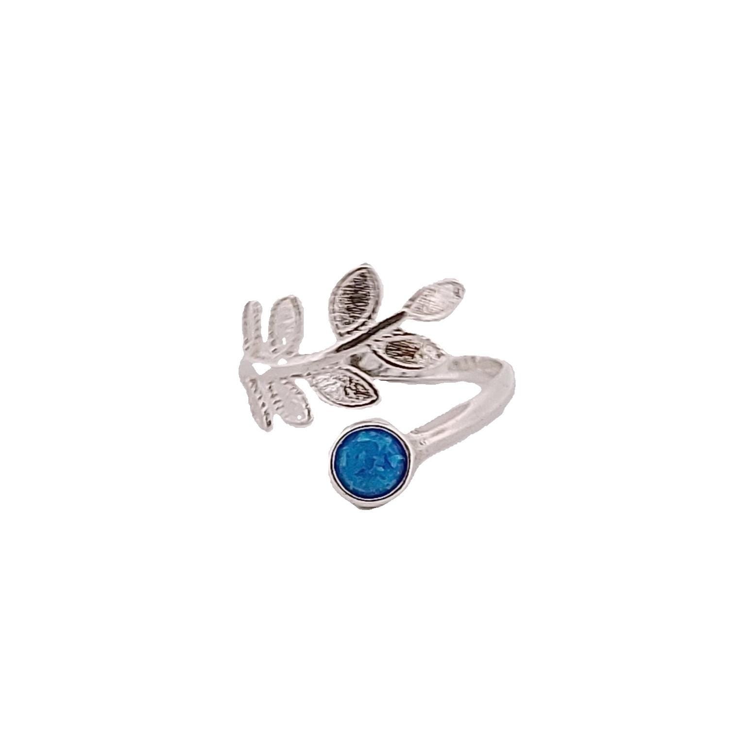 Silver Blue Opal Ring with Olive Leaf Design, Greek Collection, 925 Silver