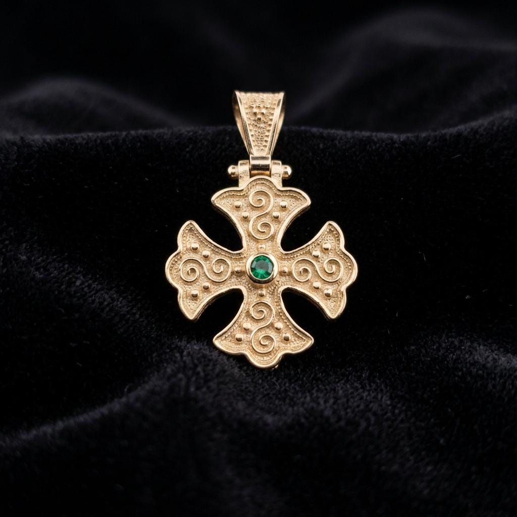 Gold Plated Cross Pendant – Byzantine Engraved Gemstone Religious Charm