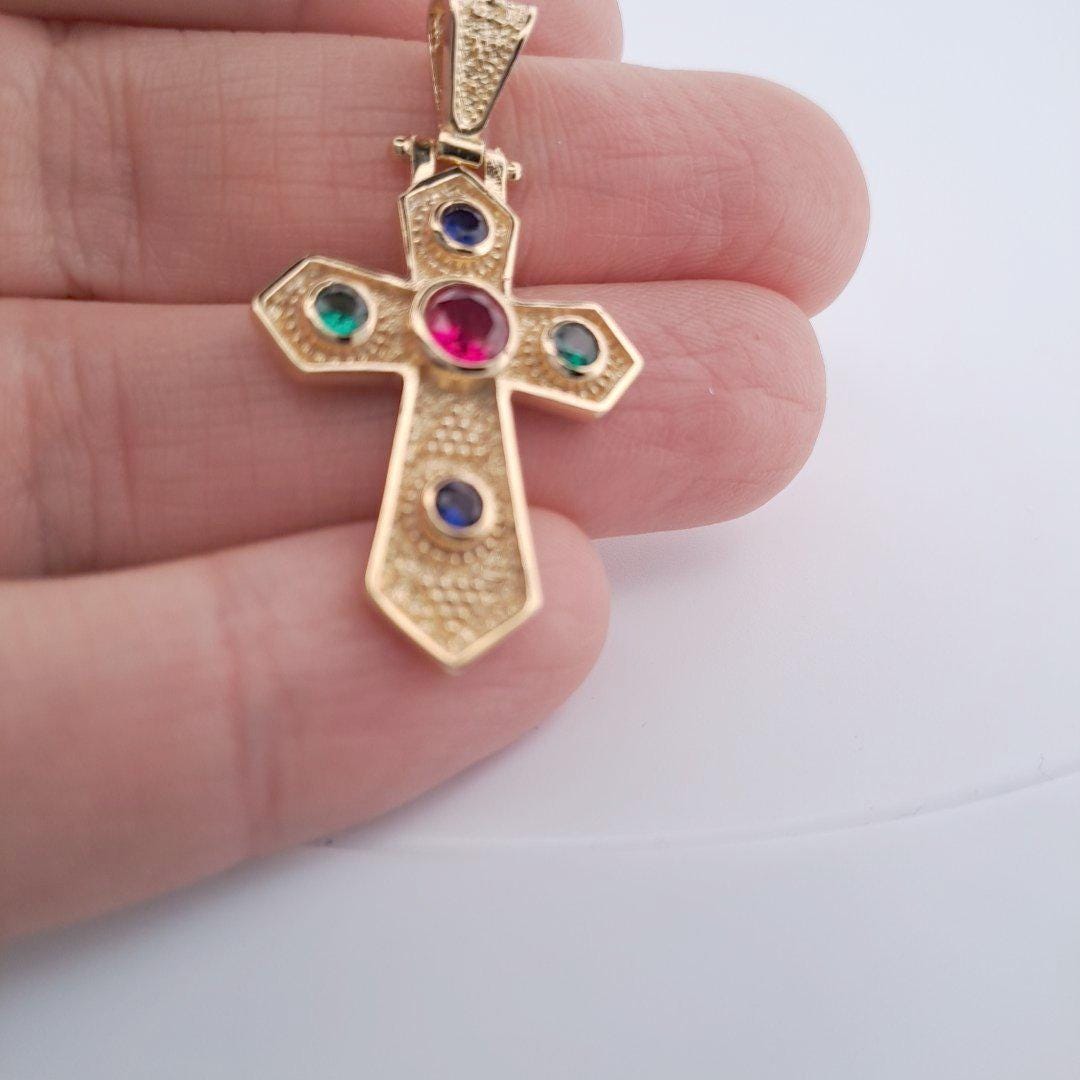 Byzantine Cross Pendant – Gold Multicolor Gemstone Antique Greek Jewelry Charm