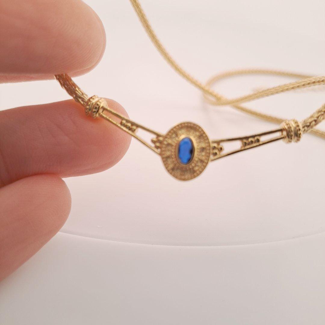 Gold Plated Byzantine Necklace – Blue Oval Gemstone Woven Chain, Antique Inspired Jewelry