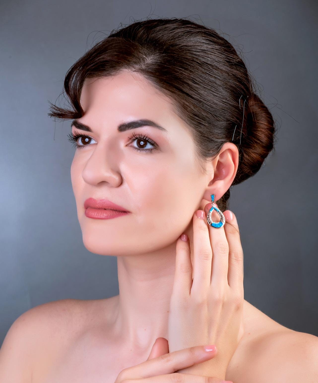 Blue Opal Greek Key Earrings: Sterling Silver Dangle, October Birthstone