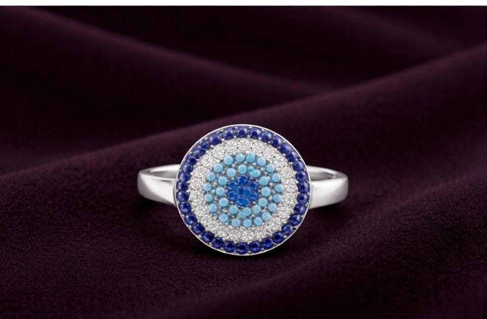 Evil Eye Ring Silver 925 – Blue Zircon Protection Jewelry With Circle Design