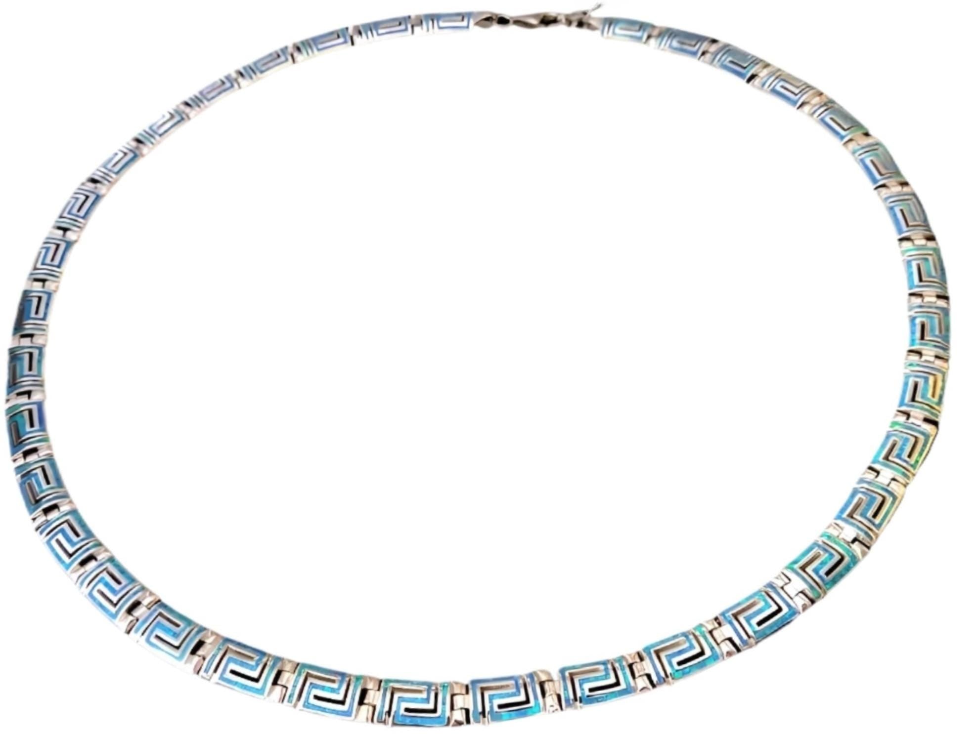 Blue Opal Necklace, Meander Greek Key, Silver 925, Ancient Greek Design