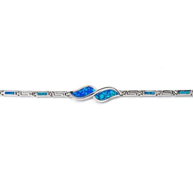 Blue Opal Leaf Greek Key Bracelet, Sterling Silver 925, Meander Design Bracelet