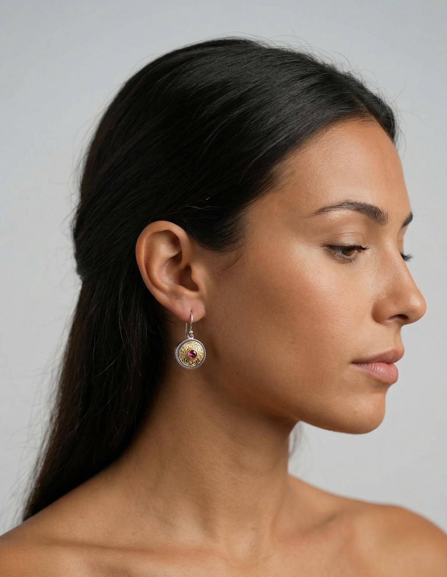 Gold Plated Ruby Earrings – Two Tone Dangle Earrings with Vintage Filigree Design