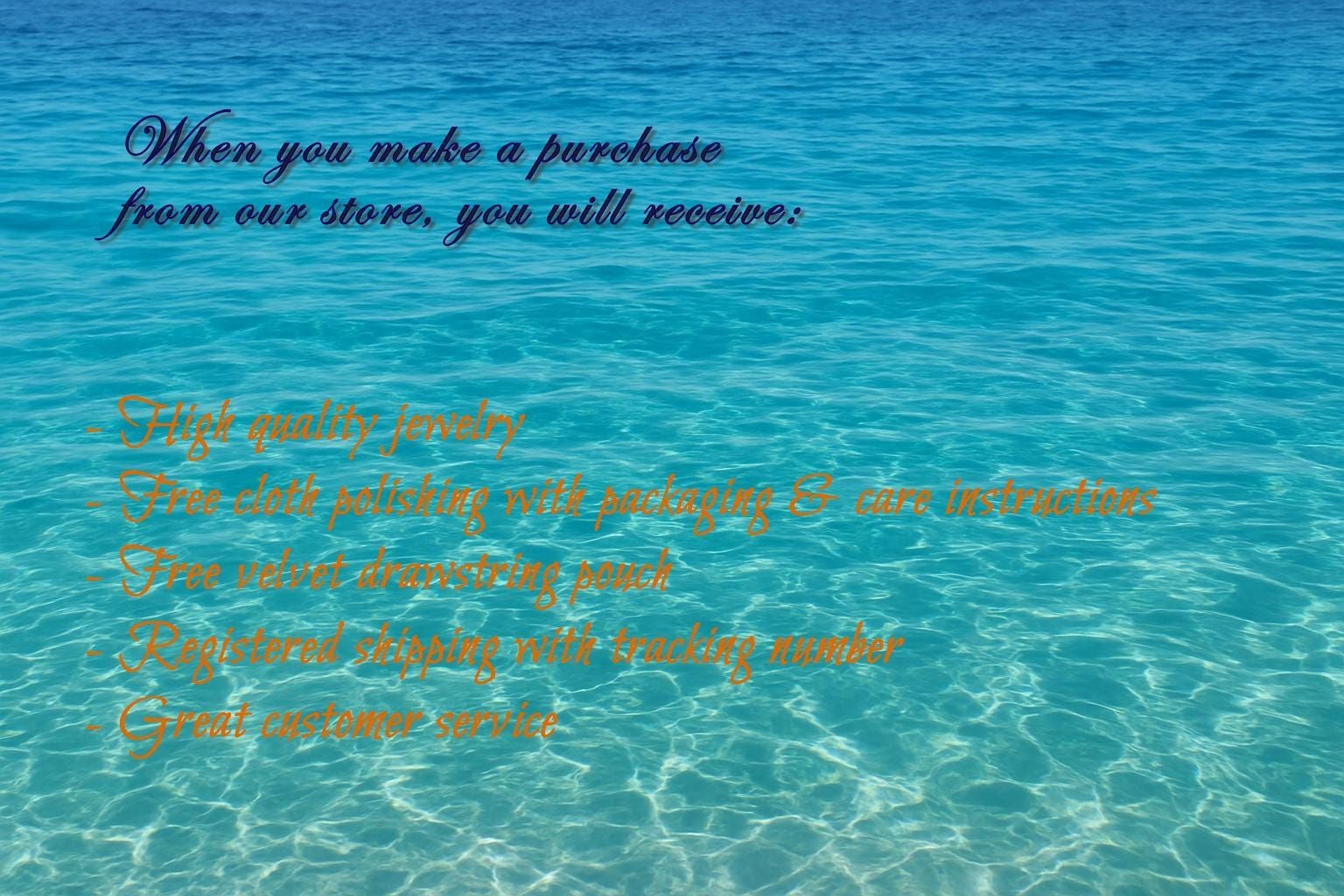 The image is a serene view of a clear blue ocean with a text overlay providing information about a store's customer service.