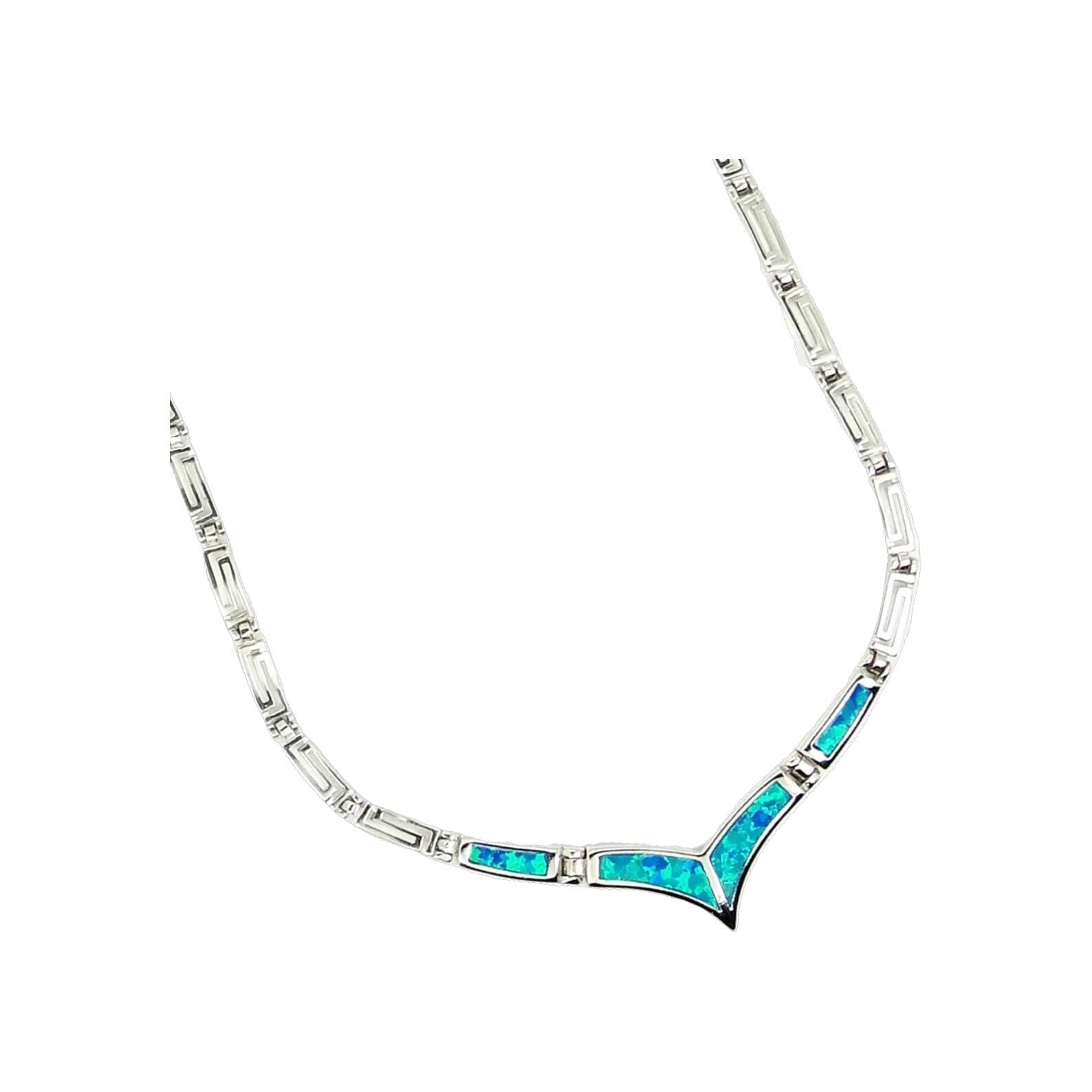 Blue Opal V-Shape Necklace, Greek Key Meander Design