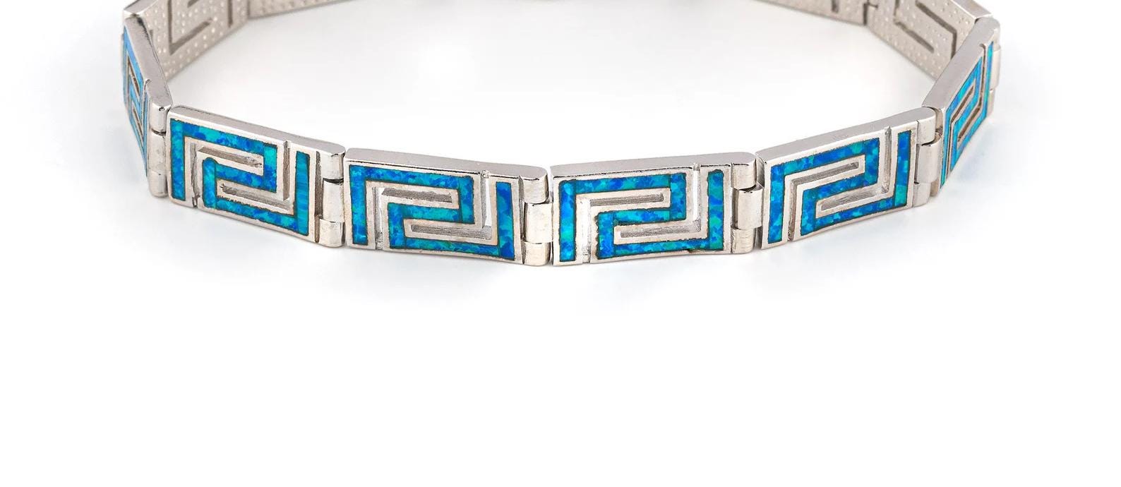 Blue Opal Greek Key Bracelet, Sterling Silver 925, Meander Design