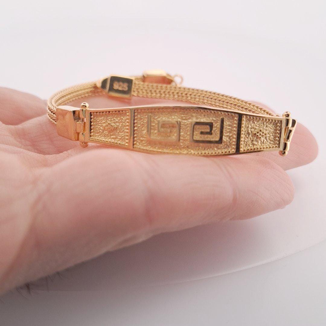 Gold Plated Bracelet – Sterling Silver Byzantine Woven Chain With Greek Key Motif