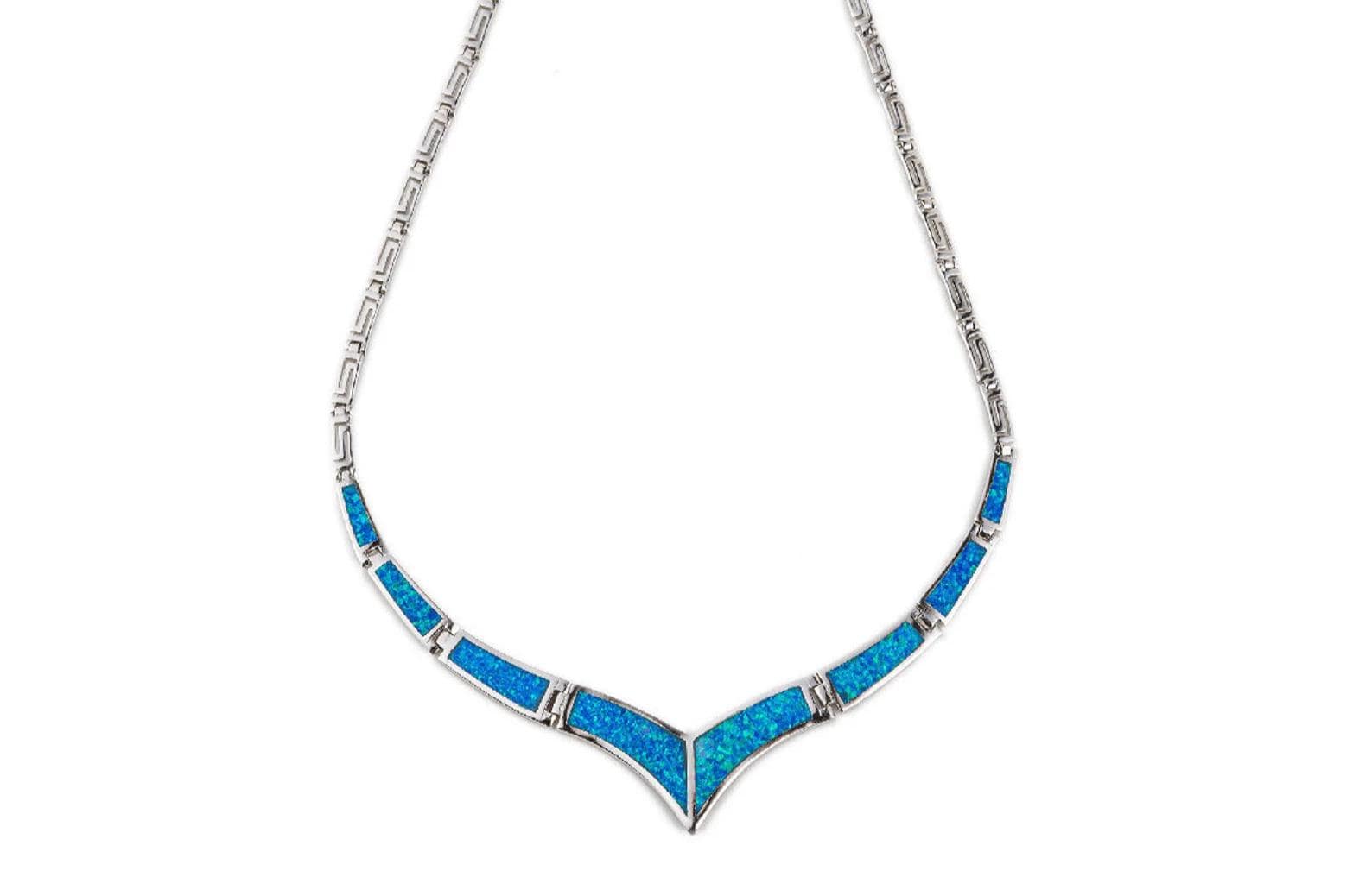 Blue Opal V-Shape Necklace, Greek Key Meander Design
