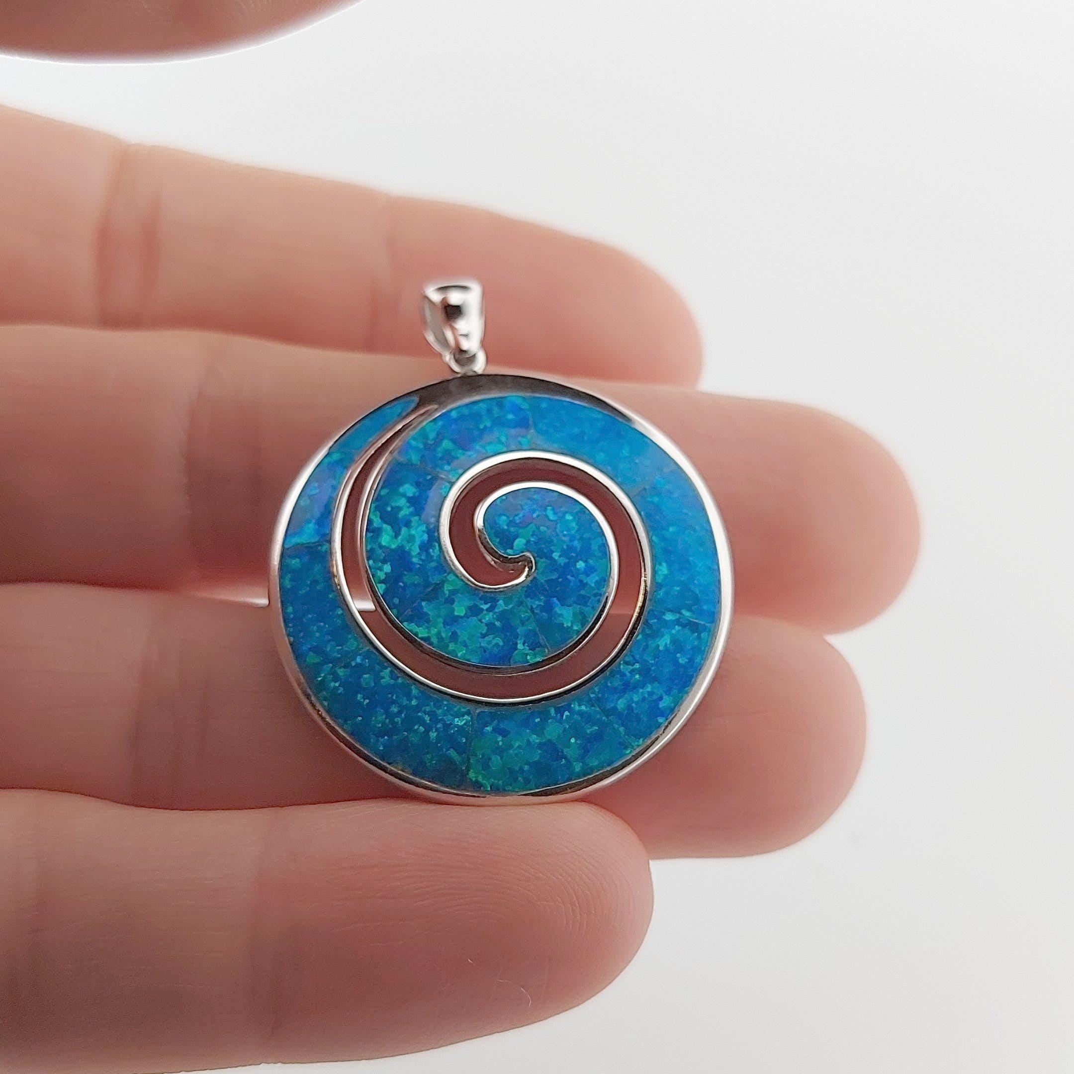 Blue Opal Sterling Silver Pendant: Greek Key Spiral Design