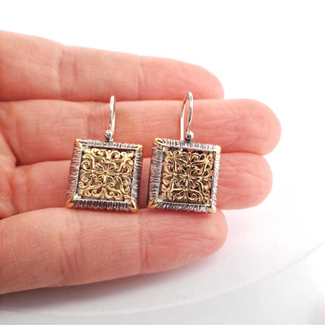 Byzantine Filigree Earrings – Two Tone Square Dangle Drops With Classic Hooks