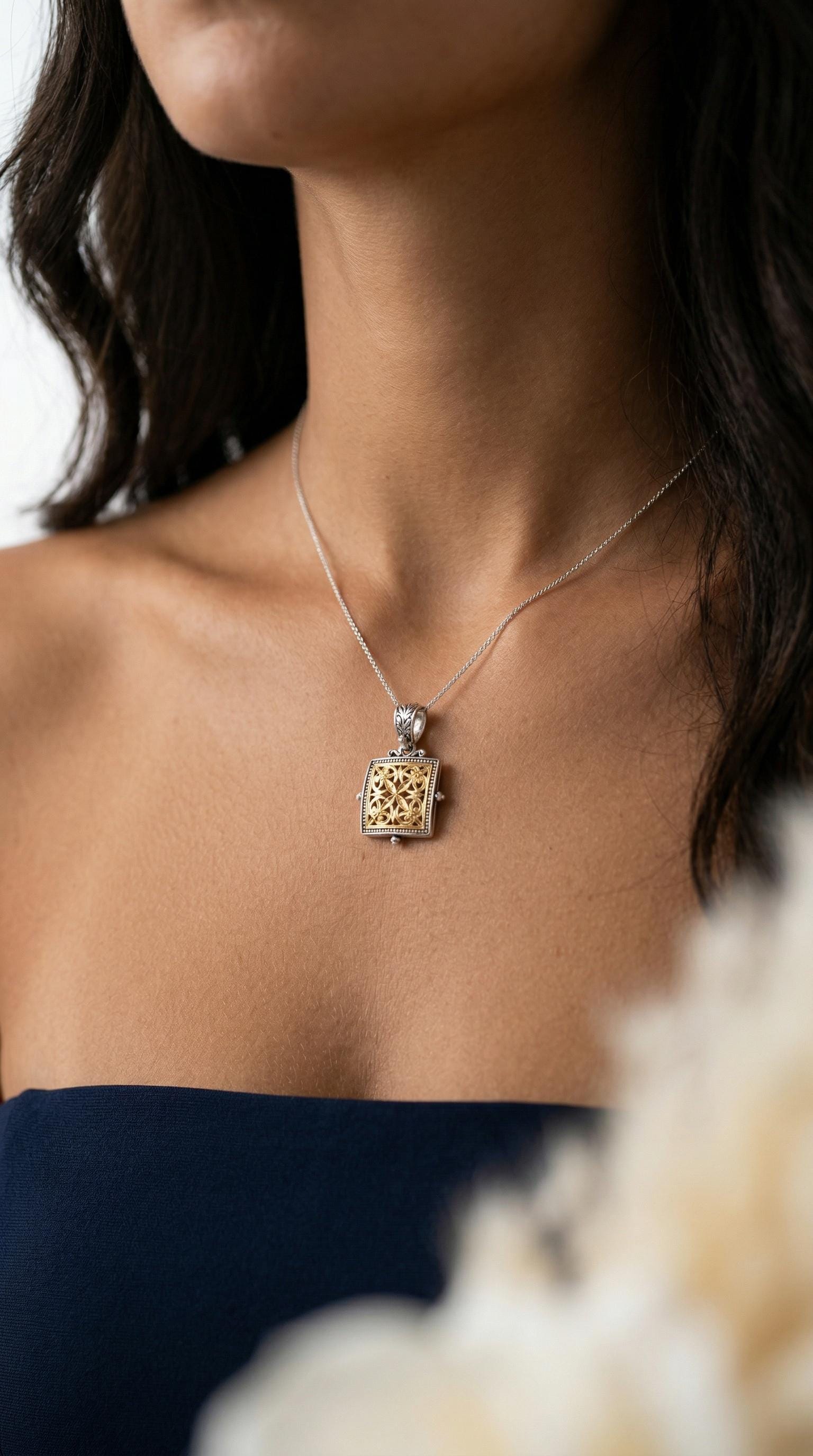 Byzantine Pendant Necklace – Gold Silver Rectangular Filigree Charm, Heritage Style Jewelry