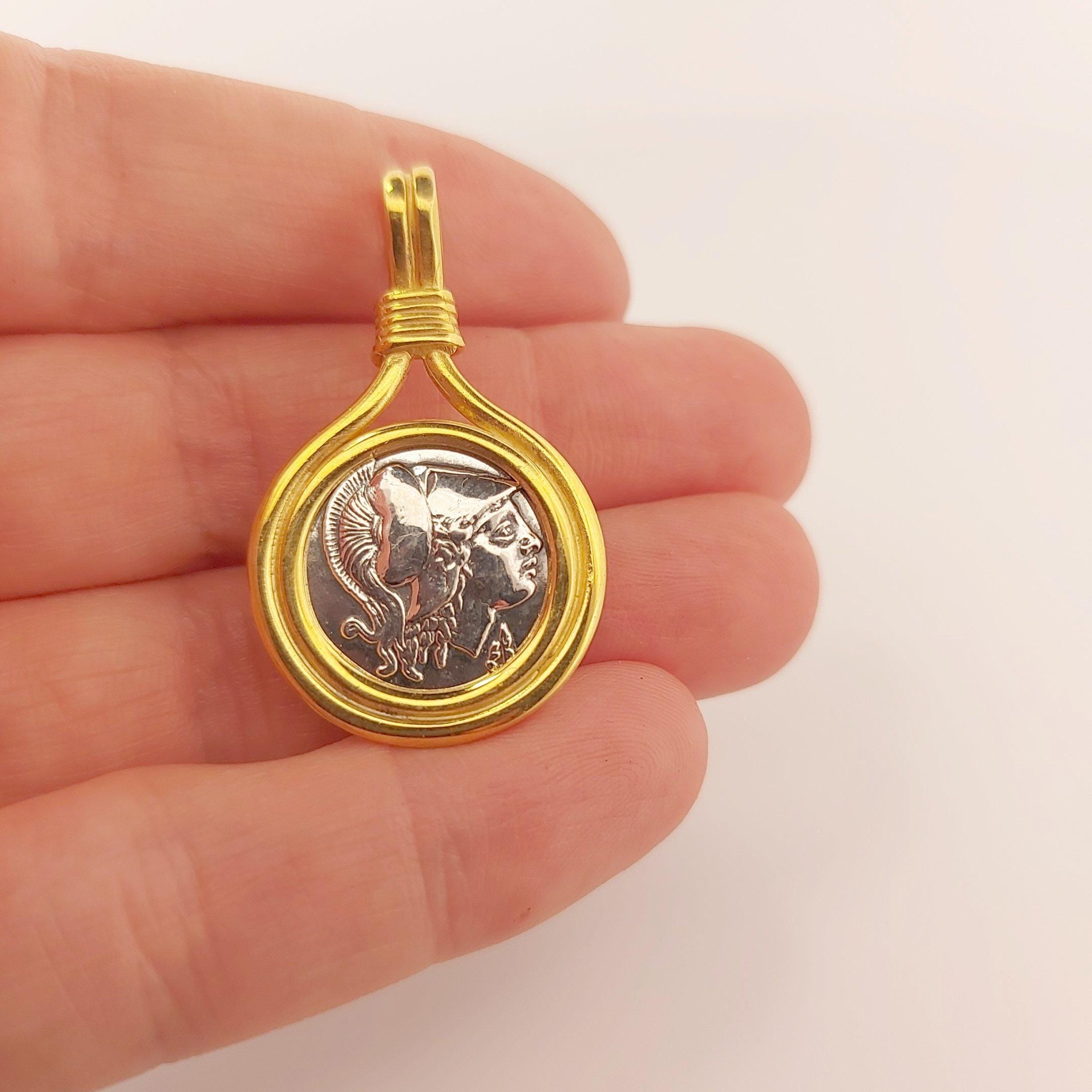 Athena Greek Goddess Bangle: Silver & Gold Coin Medallion Bracelet