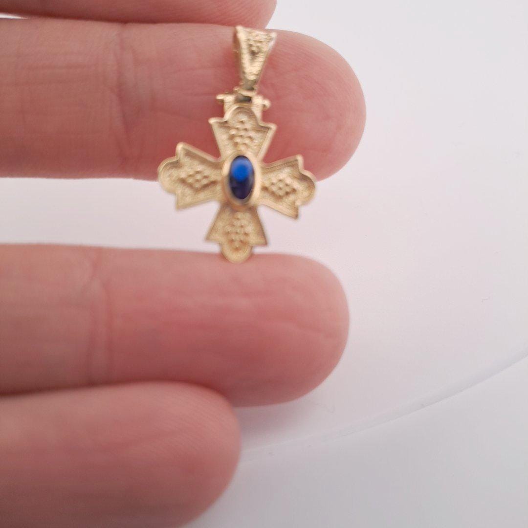 Gold Cross Pendant – Byzantine Cross Charm with Blue Gemstone, Antique Greek Jewelry