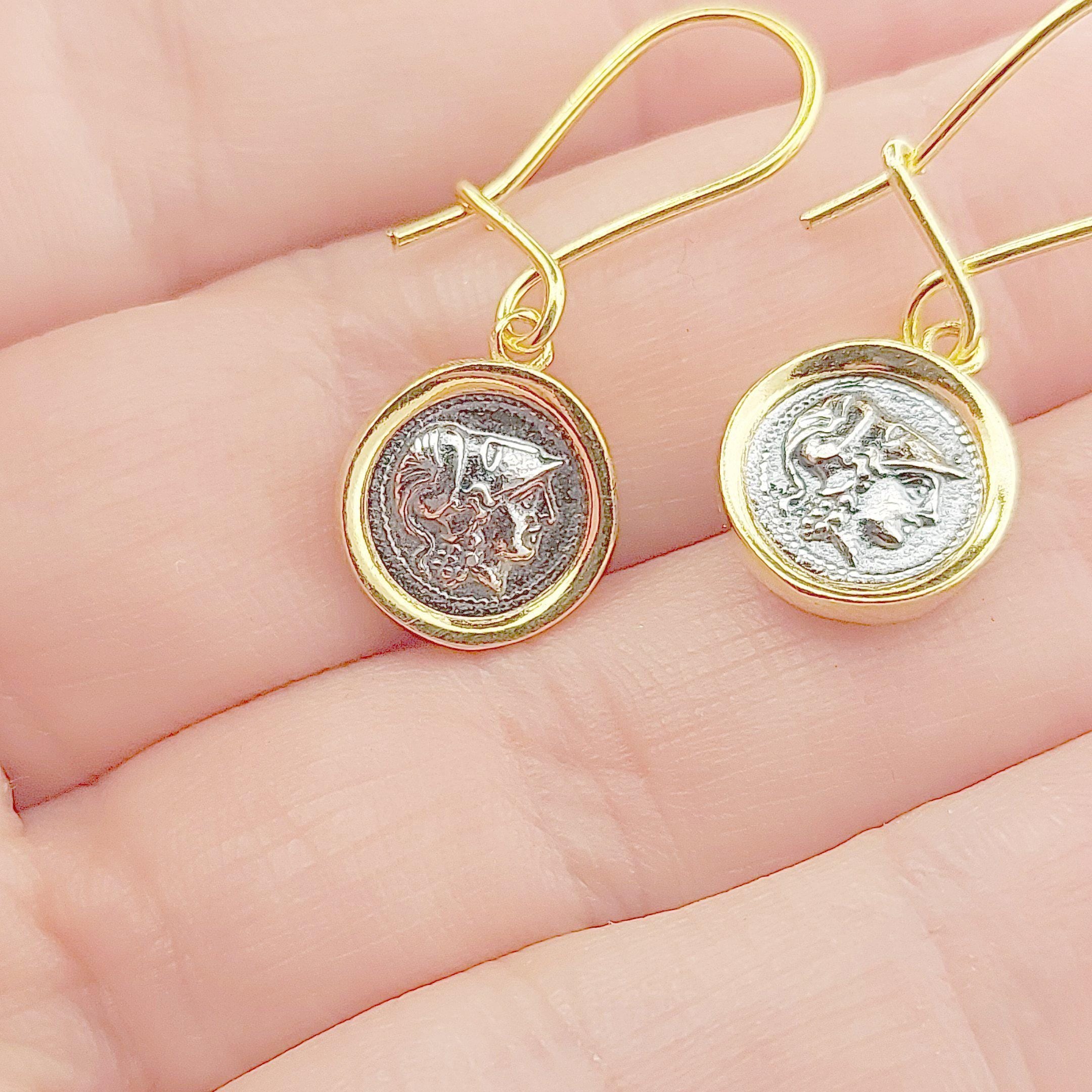 Greek Goddess Athena Dangle Earrings, Silver Gold Plated, Antique Coin Design, Greek Jewelry Motif