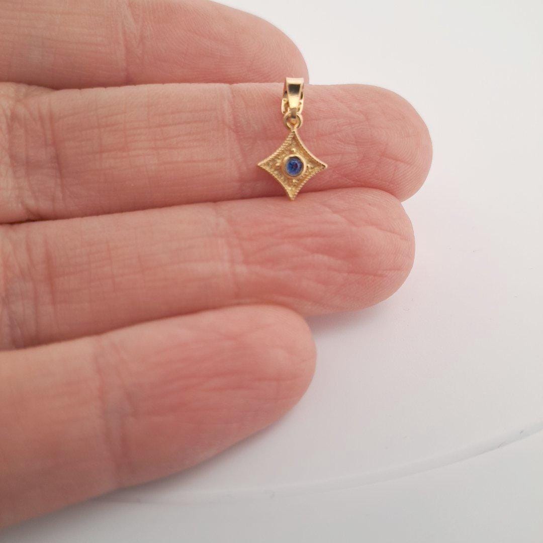 Byzantine Pendant – Gold Plated Charm with Blue Gemstone, Antique Greek Style Necklace