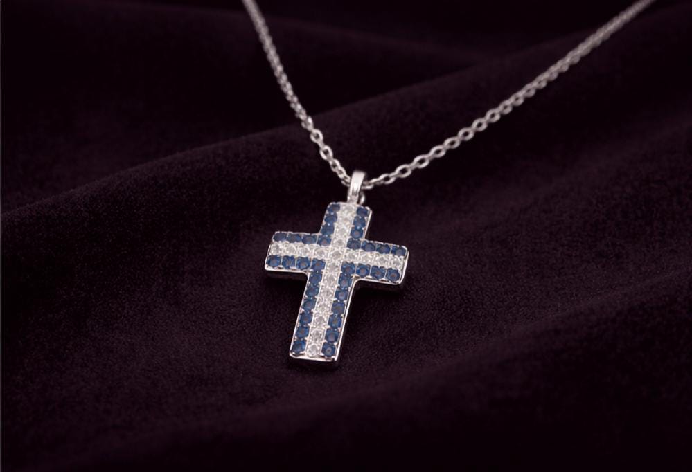 Cross Pendant Necklace – Silver Charm with Blue Zirconia & Clear Stones, Elegant Design