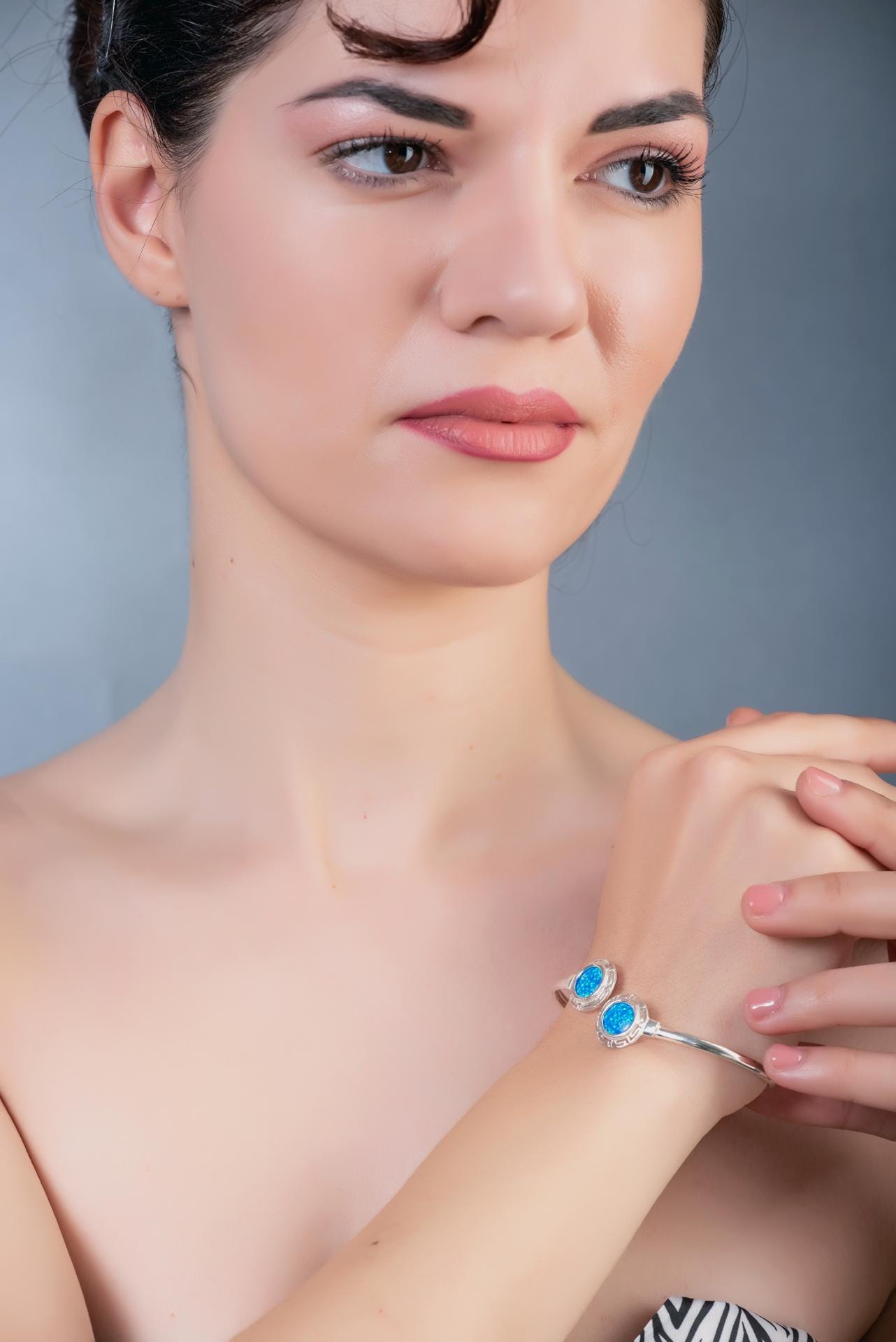Blue Opal Silver Bangle Bracelet with Greek Key Design, Greek-Inspired Design