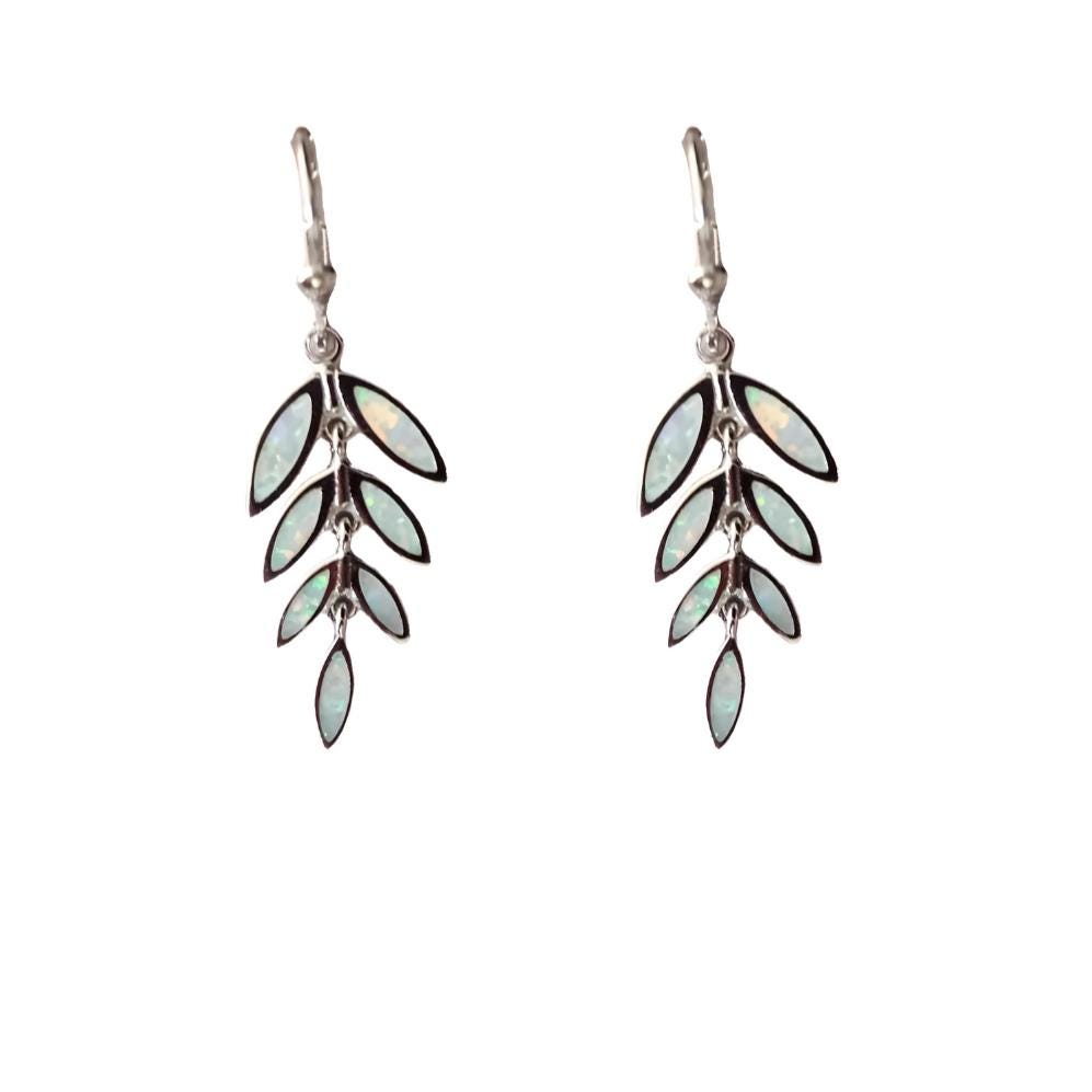Silver White Opal Leaf Dangle Earrings, Greek Inspired Olive Branch Design