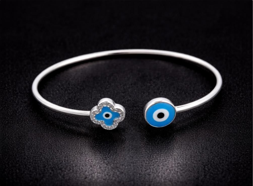 Evil Eye Bangle – Silver Open Cuff Bracelet with Blue Enamel & Zirconia Charm
