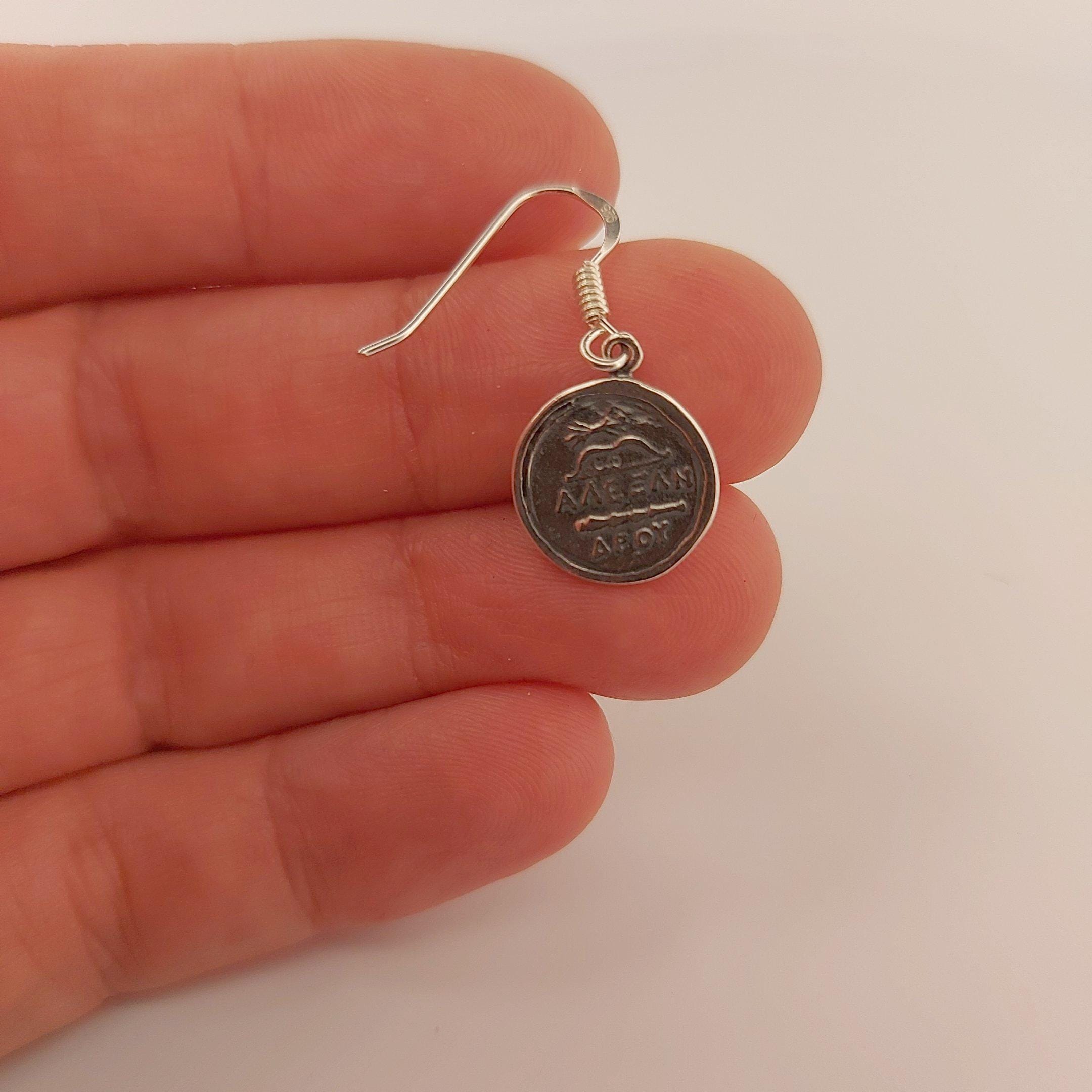 Greek Goddess Athena Dangle Earrings, Silver Coin Design, Antique Style