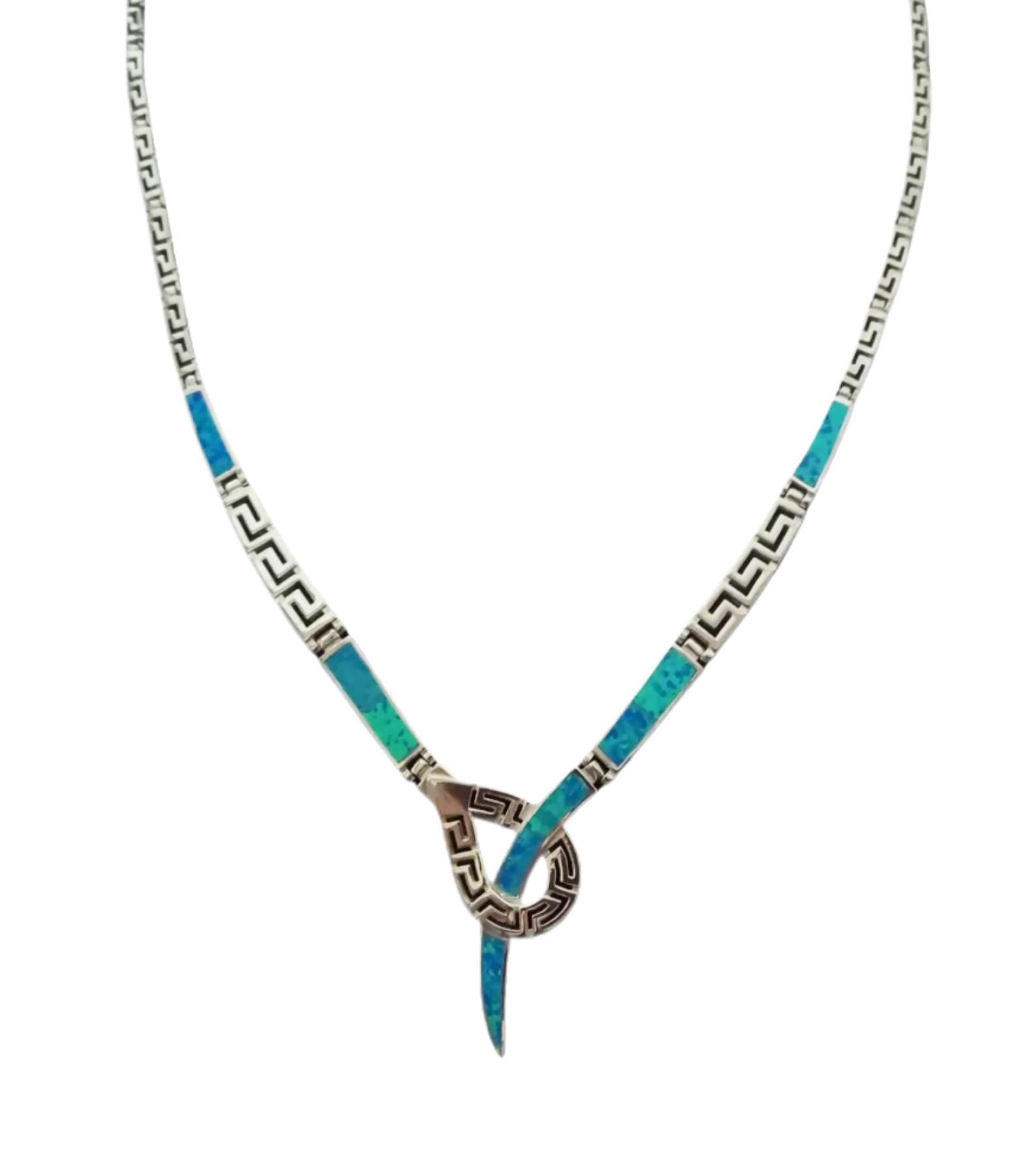 Opal Blue Y-Shaped Necklace, Sterling Silver Pendant