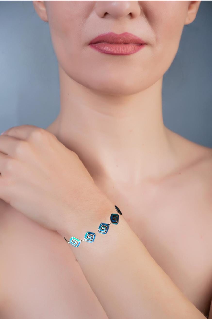 Blue Opal Greek Key Bracelet, Sterling Silver 925, Meander Design Link Bracelet