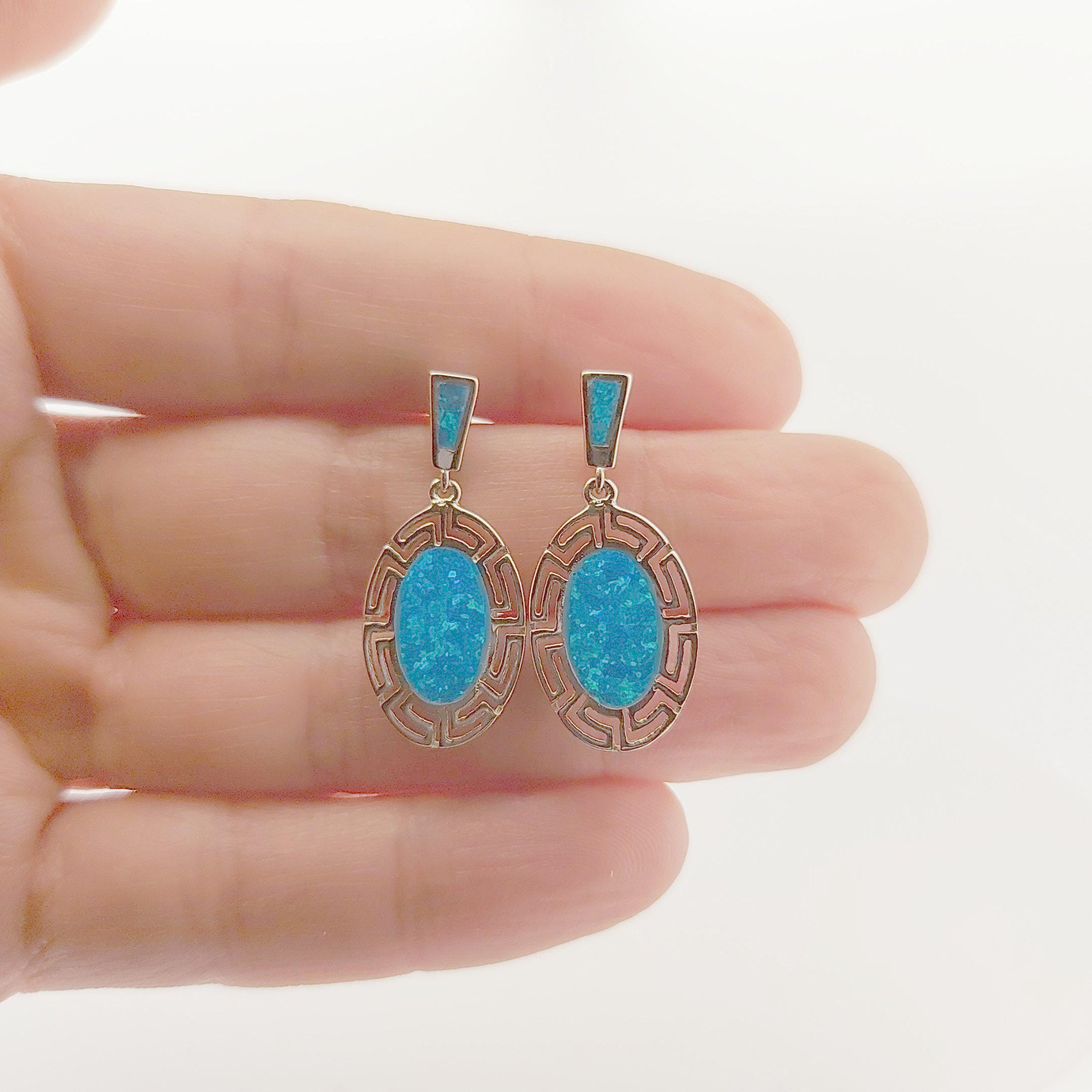 Greek Key Blue Opal Sterling Silver Dangle Earrings: Handmade in Greece