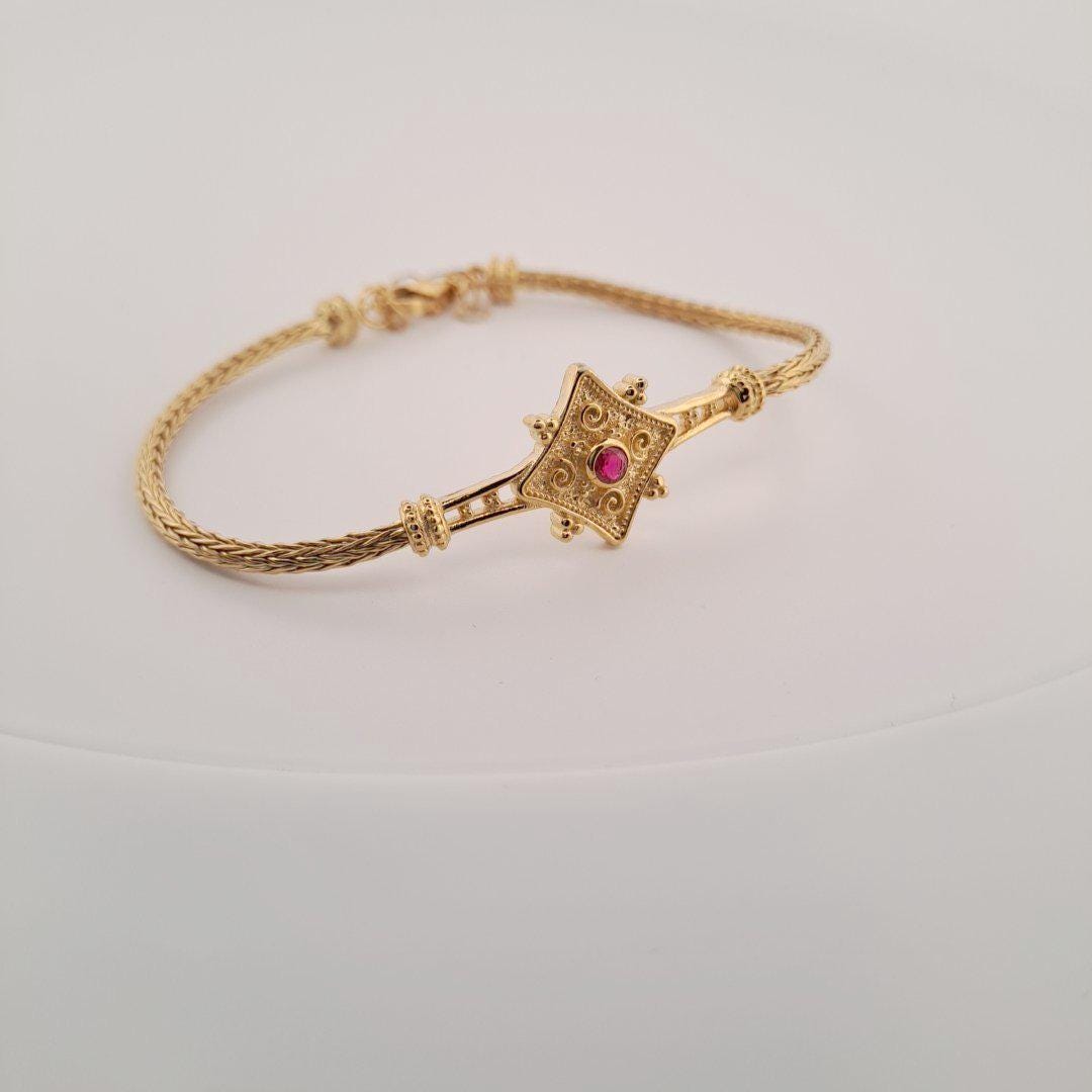 Gold Plated Bracelet - Sterling Silver Byzantine Style Woven Chain with Red Gemstone