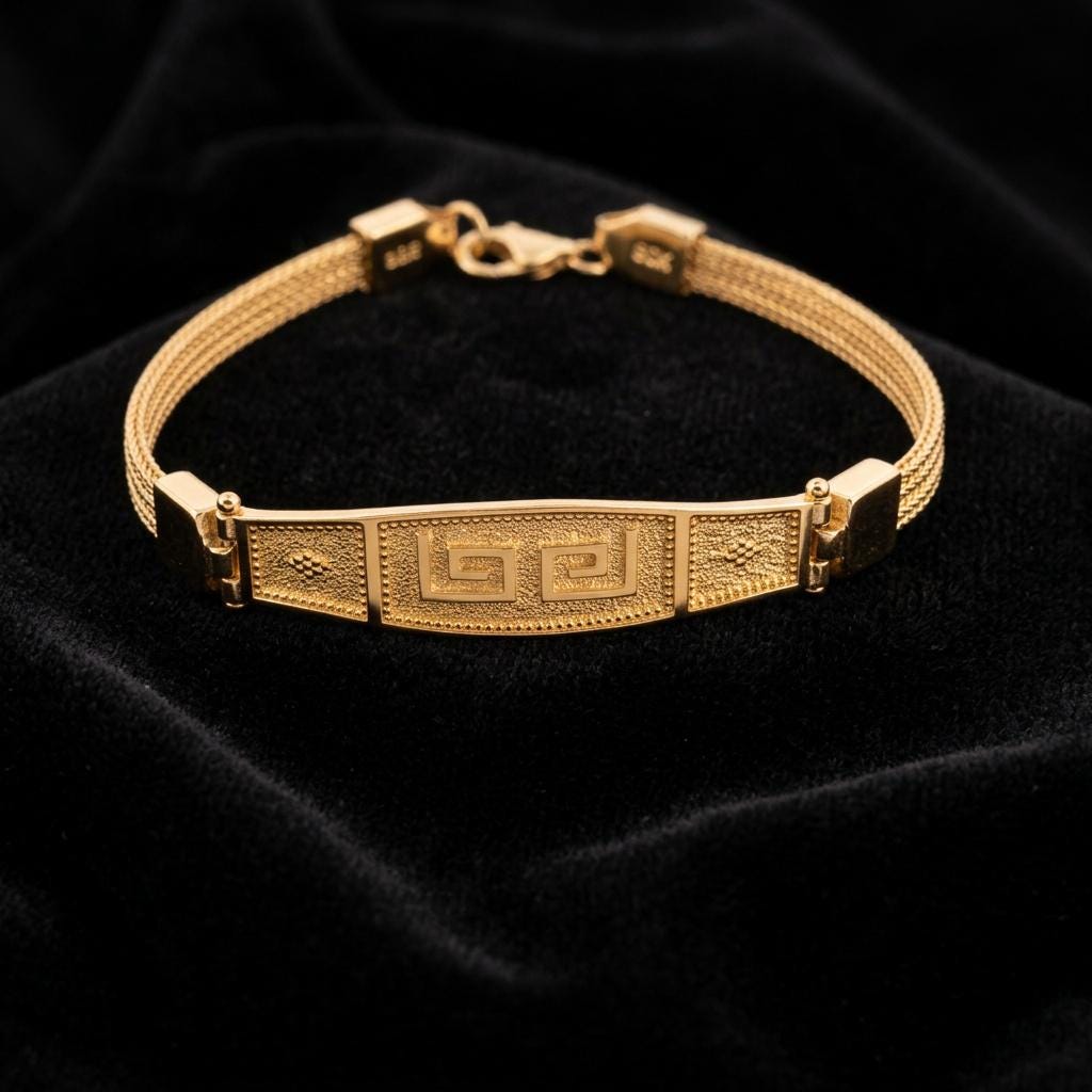 Gold Plated Bracelet – Sterling Silver Byzantine Woven Chain With Greek Key Motif