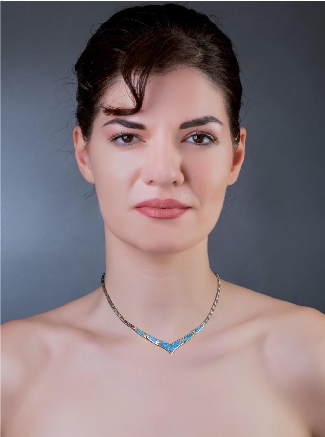 Blue Opal V-Shape Necklace, Greek Key Meander Design