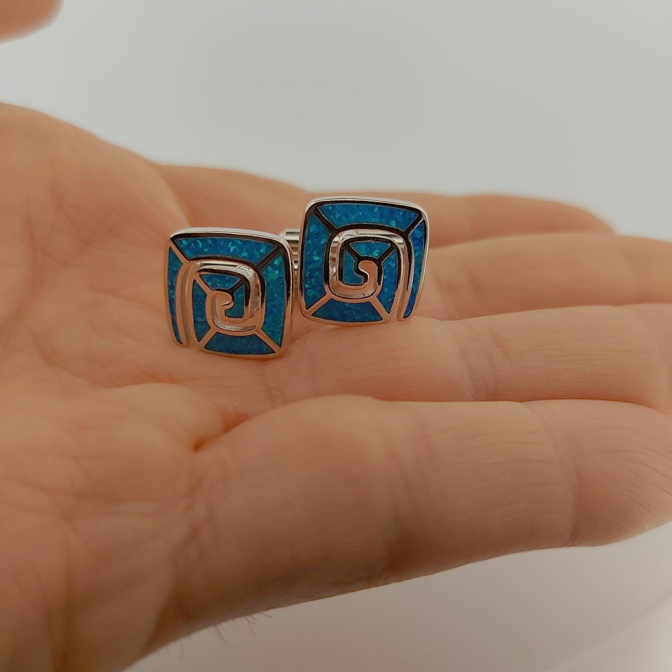 Blue Opal Greek Key Cufflinks, Sterling Silver, Meander Square Design, 925 Silver