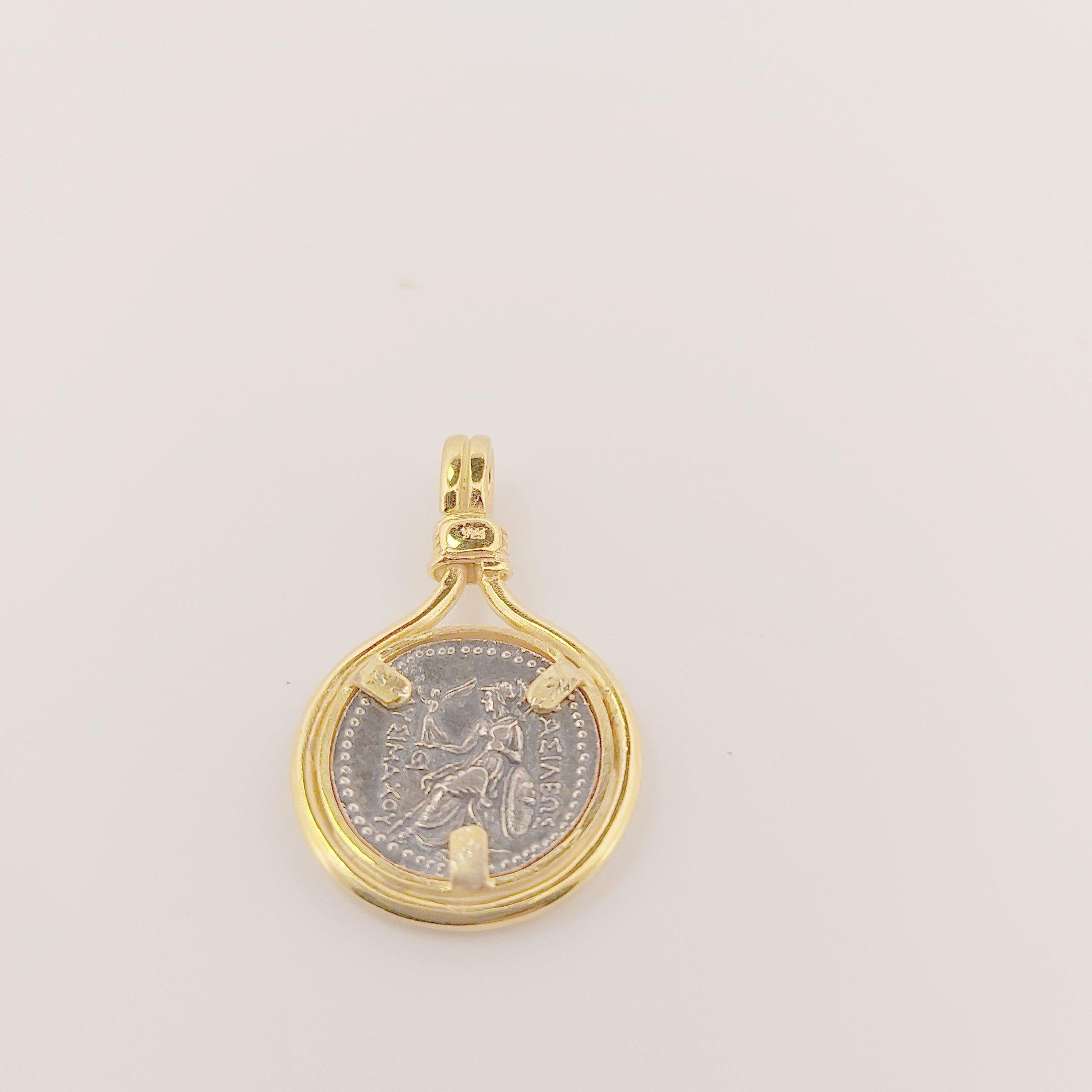 Alexander the Great Ancient Greek Silver Coin Pendant, Gold Plated Frame Design