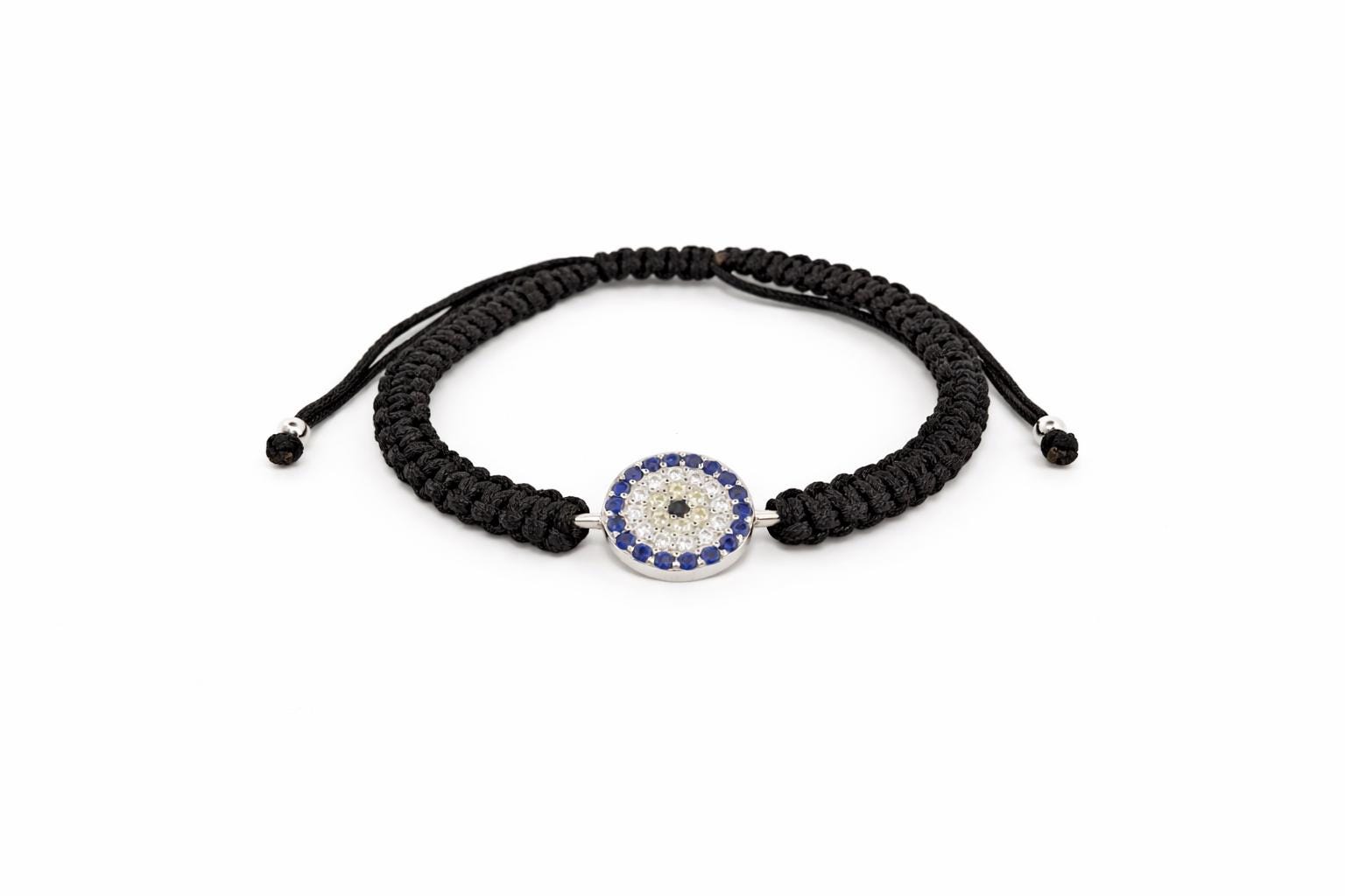 Evil Eye Bracelet - Black Woven Cord with Silver Charm & Blue Zircon Stones