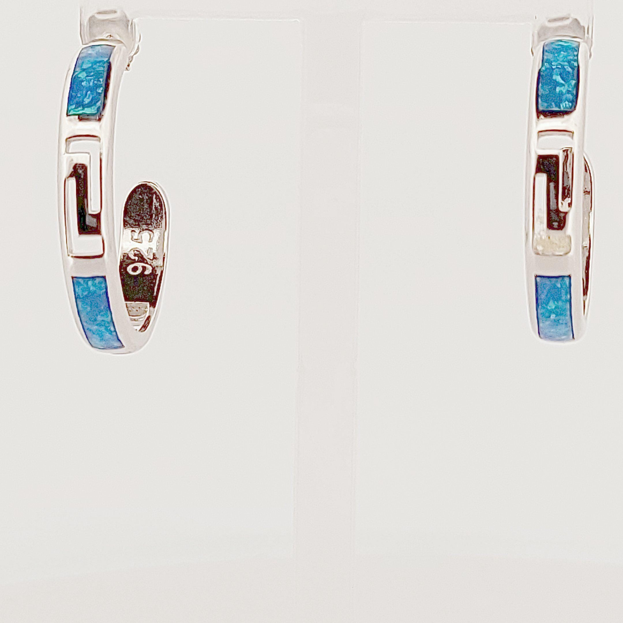 Sterling Silver Opal Hoop Earrings, Greek Key Meander Design