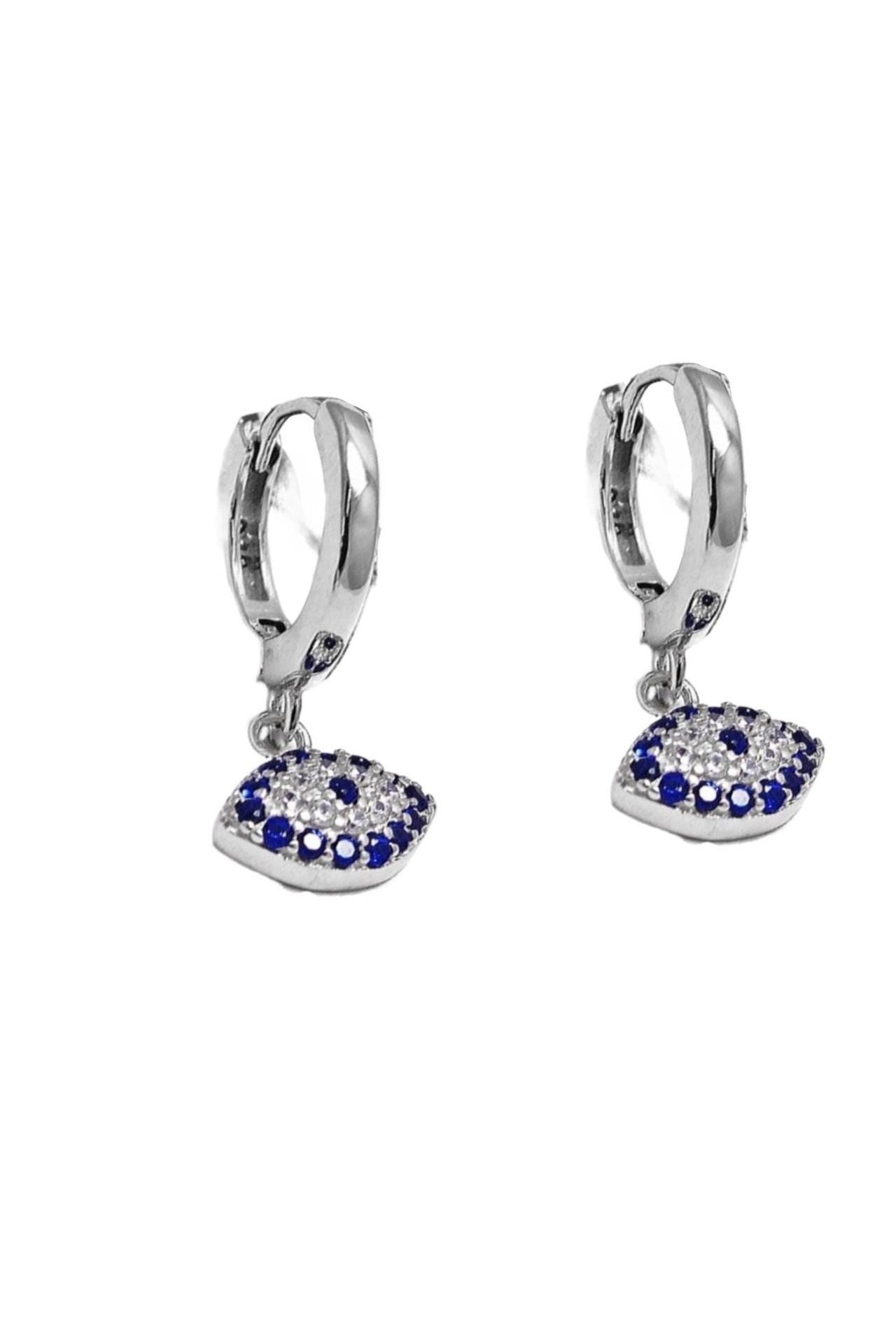 Evil Eye Hoop Earrings Sterling Silver Huggie With Blue Zirconia Charm