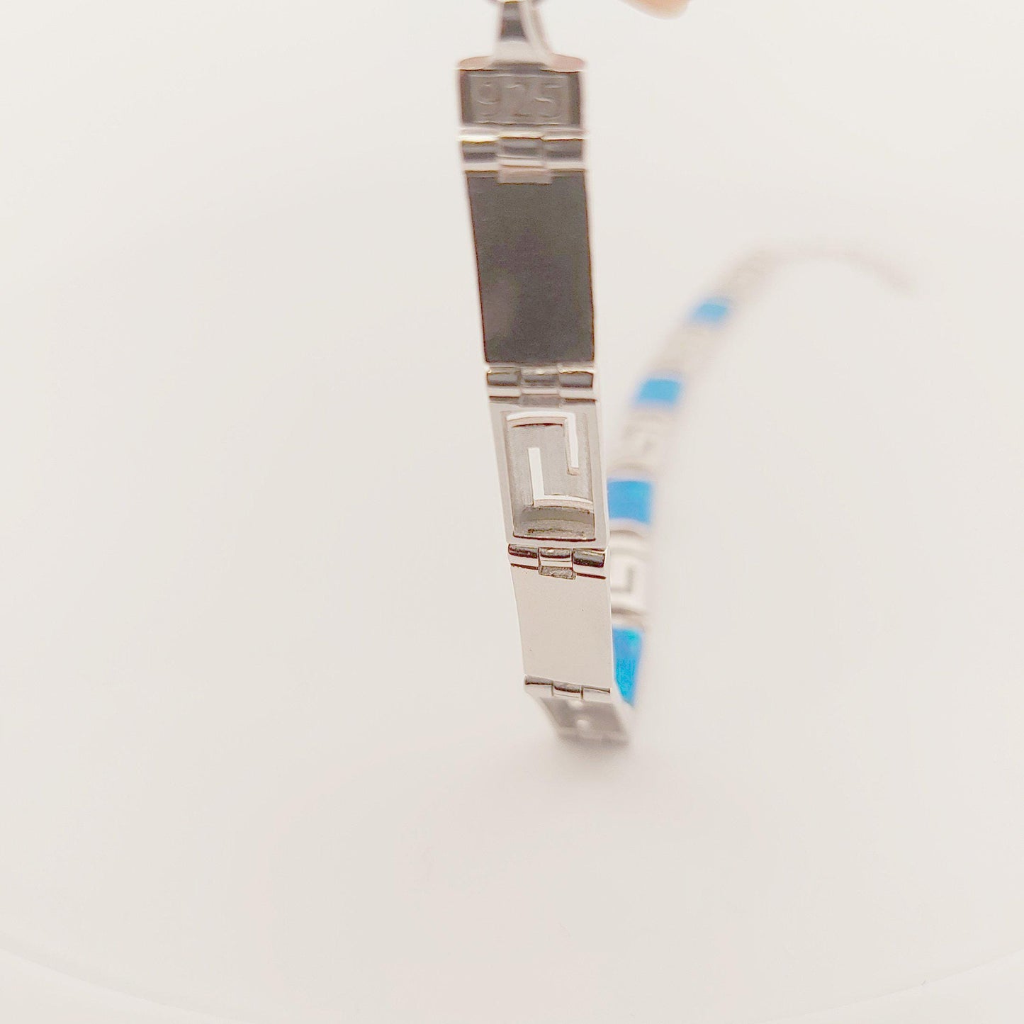 Sterling Silver Blue Opal Link Bracelet, Greek Key Meander Design