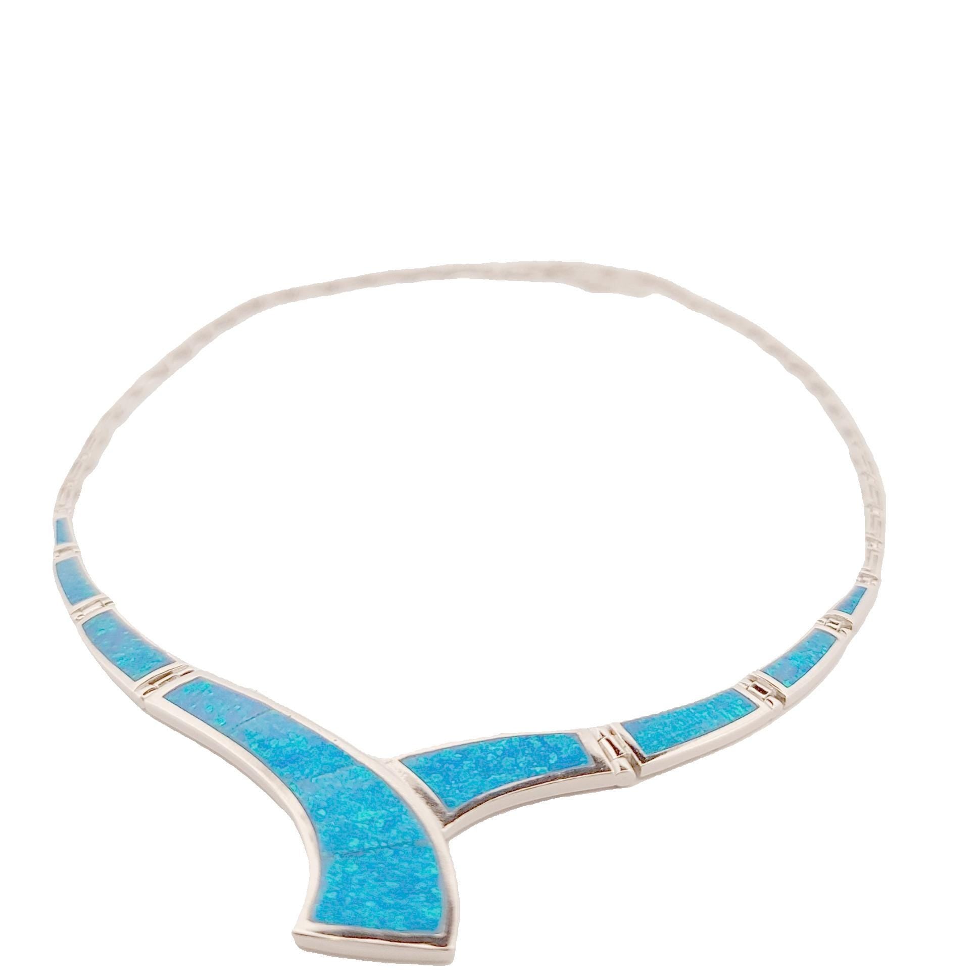 Sterling Silver 925 Blue Opal Collar Necklace, Greek-Inspired Design