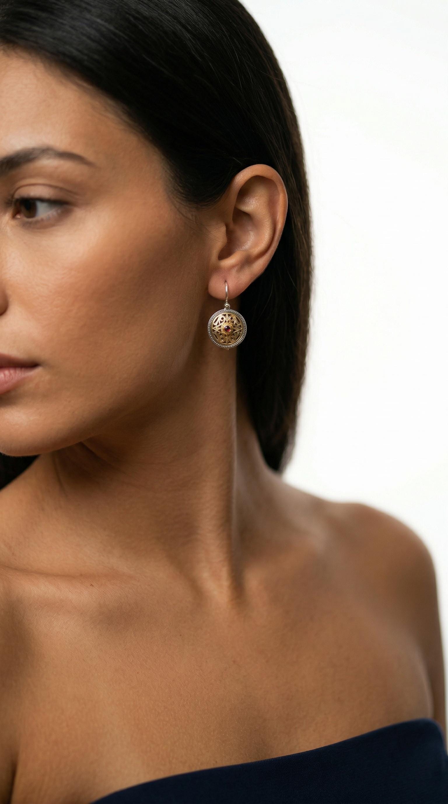Gold Plated Ruby Earrings – Two Tone Byzantine Style Dangle With Filigree Design